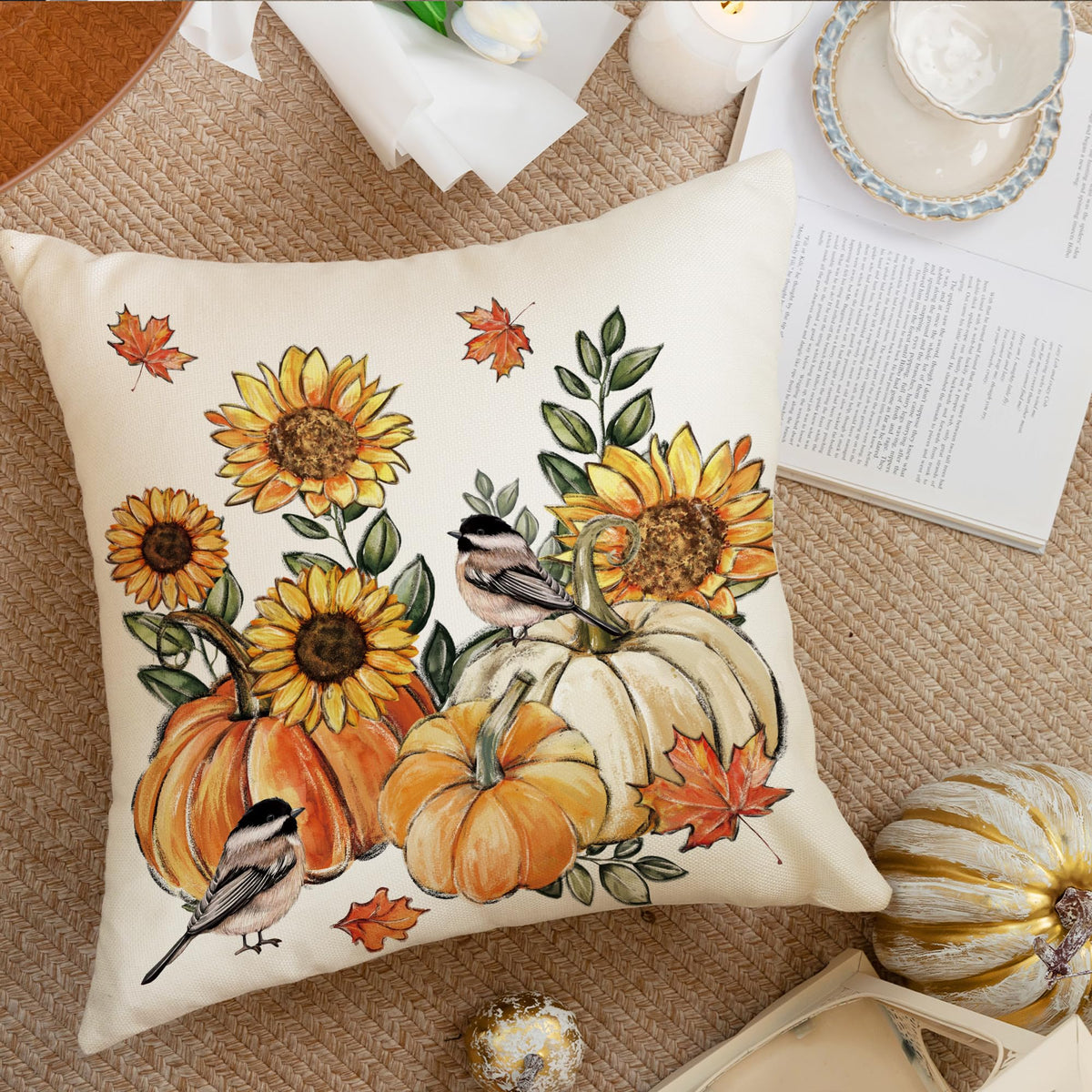 Tikeciti Fall Sunflower Pillow Covers Orange Pumpkin 18 x 18 Inch Throw Pillows, Thanksgiving Hello Autumn Floral Seasonal Decorative Farmhouse Cushion Case for Sofa Couch Set of 4