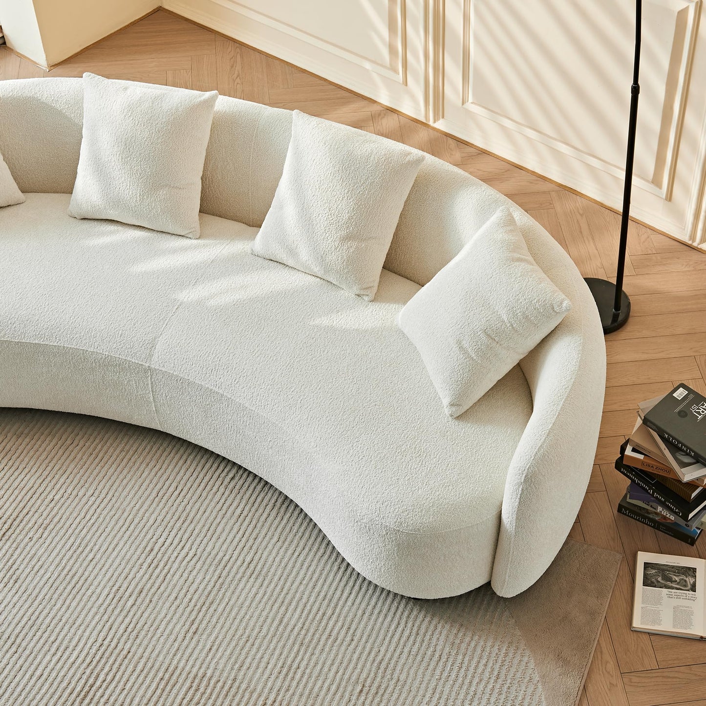 BBTJ0INT Half Moon Sofa, Curved Design Off-White Boucle Upholstered Couch for Modern Living Room, Comfy Chaise Sofa with 2 Throw Pillows