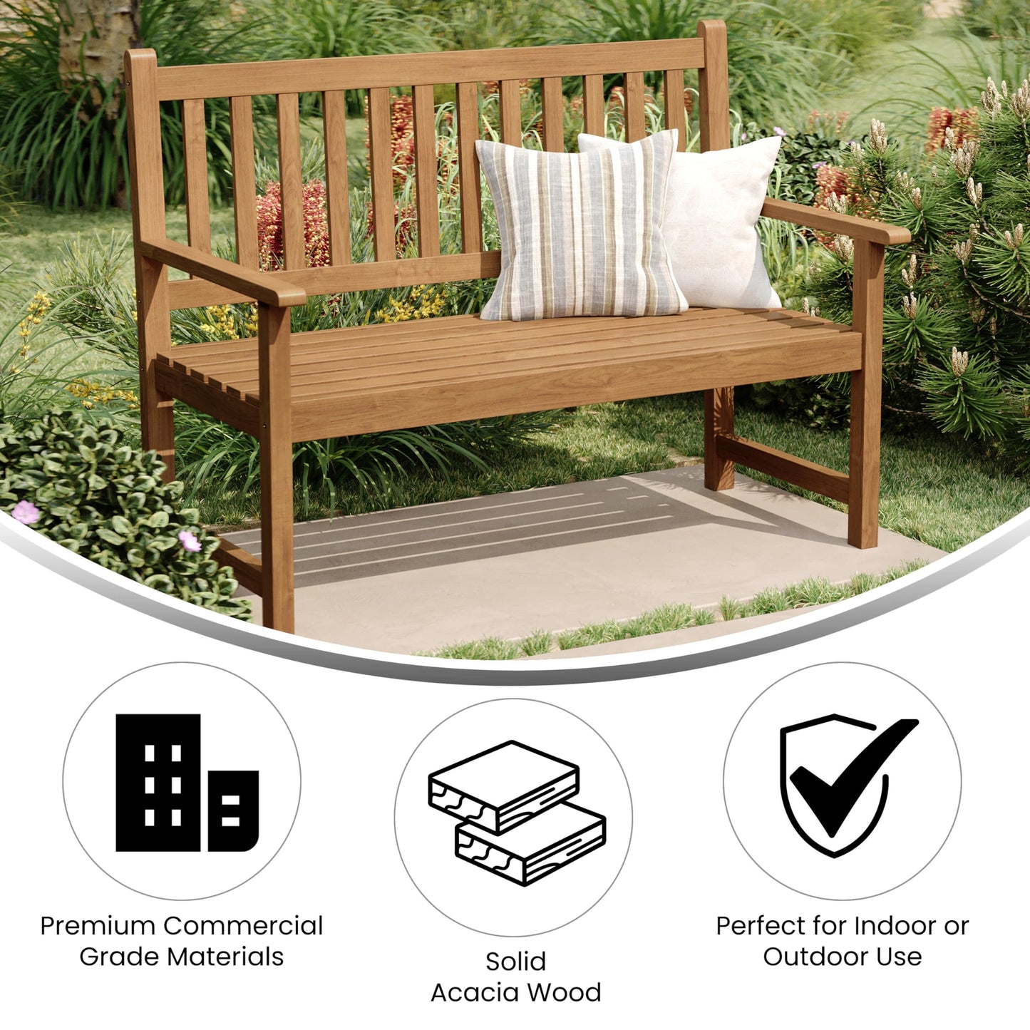 Flash Furniture Adele Commercial Indoor/Outdoor Acacia Wood Bench, 2-Person Slatted Patio Loveseat, for Use in Yard, Garden, Porch, or Park, Brown
