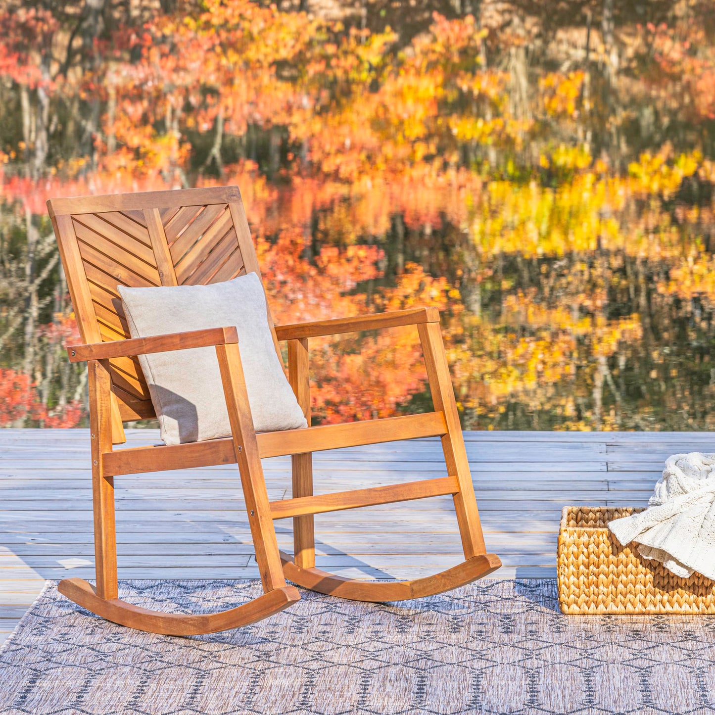 JONATHAN Y Ned Solid Acacia Wood Outdoor Rocking Chair, All-Weather Chevron High Back Porch Rocker for Patio, Deck and Garden, Farmhouse Teak Finish Wood Armchair, 35" Height RCK100A