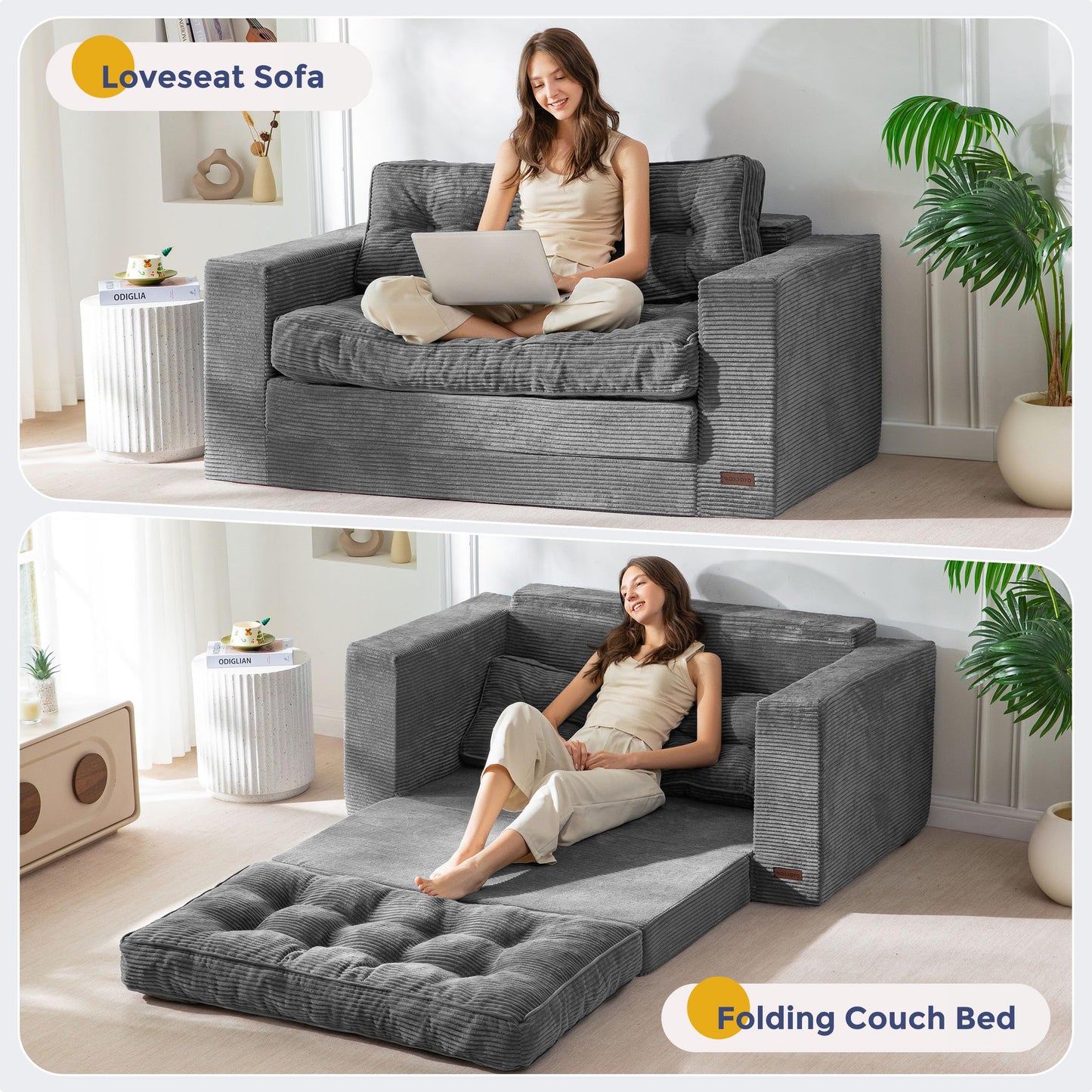 MAXYOYO Convertible Sofa Bed, Loveseat Sofa Couch for Adults, 2 in 1 Folding Couch Bed, Fold Out Floor Couch for Living Room Bedroom Lounge, Dark Grey