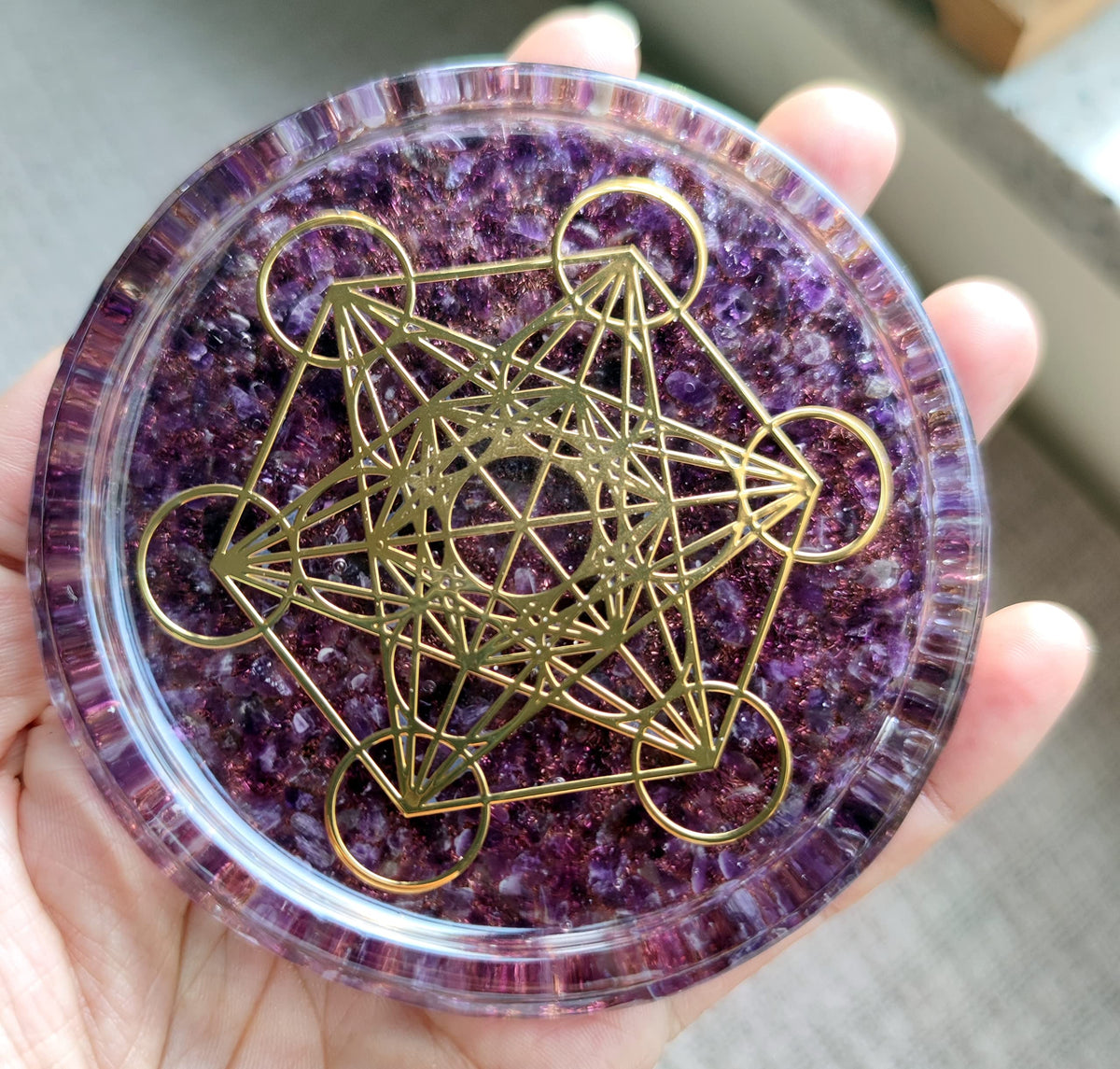 ZZYBIA LARGE 4" Amethyst Crystals Metatron's Cube Merkaba Coaster Water Charging Plate Energy Dome
