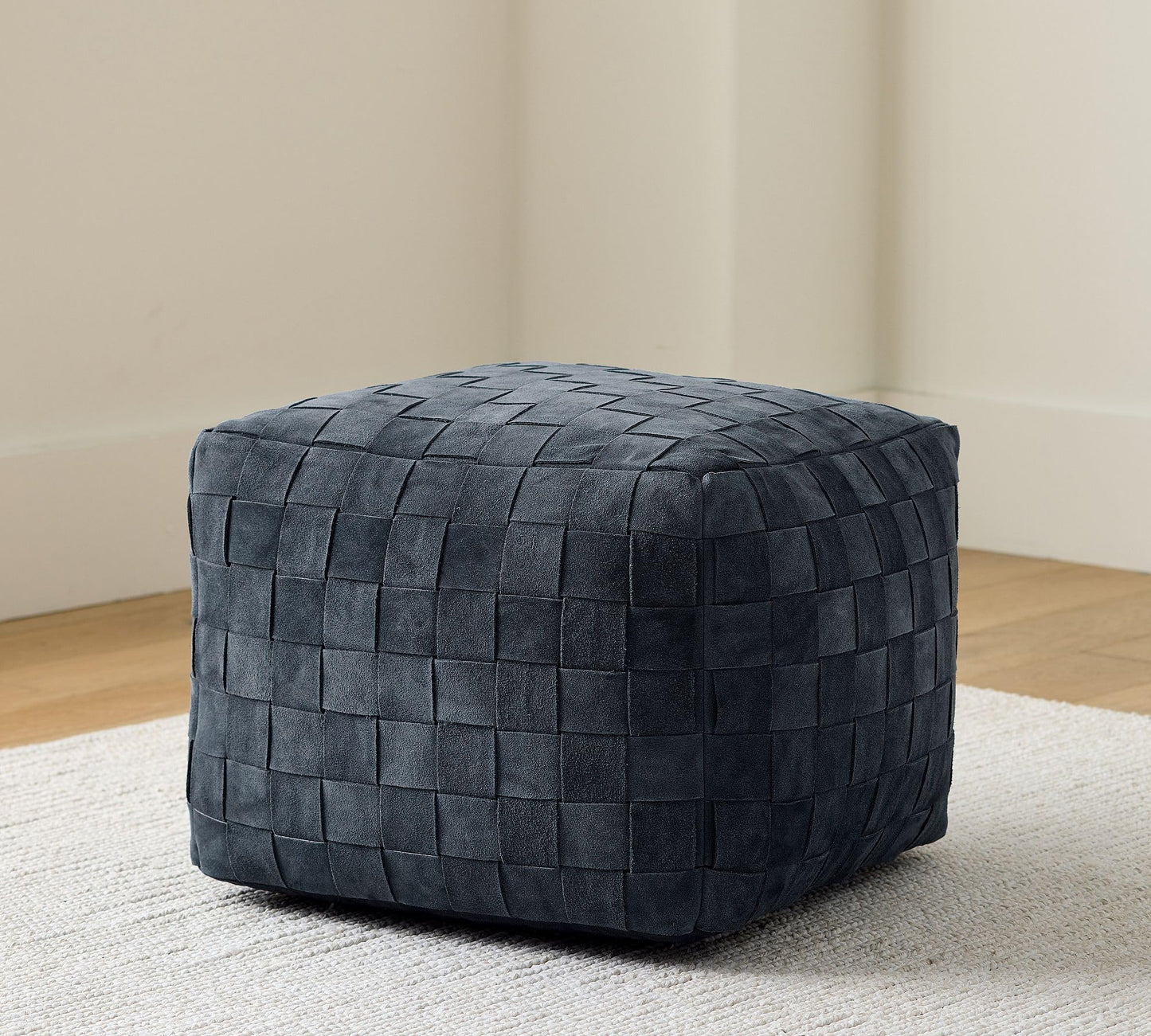 Luxury Handcrafted Suede Basketweave Pouf Ottoman – Soft & Durable Floor Cushion, Footrest, Accent Seating for Living Room, Bedroom, Office Stylish Modern Home Décor (Navy, 18" x 18" x 14")