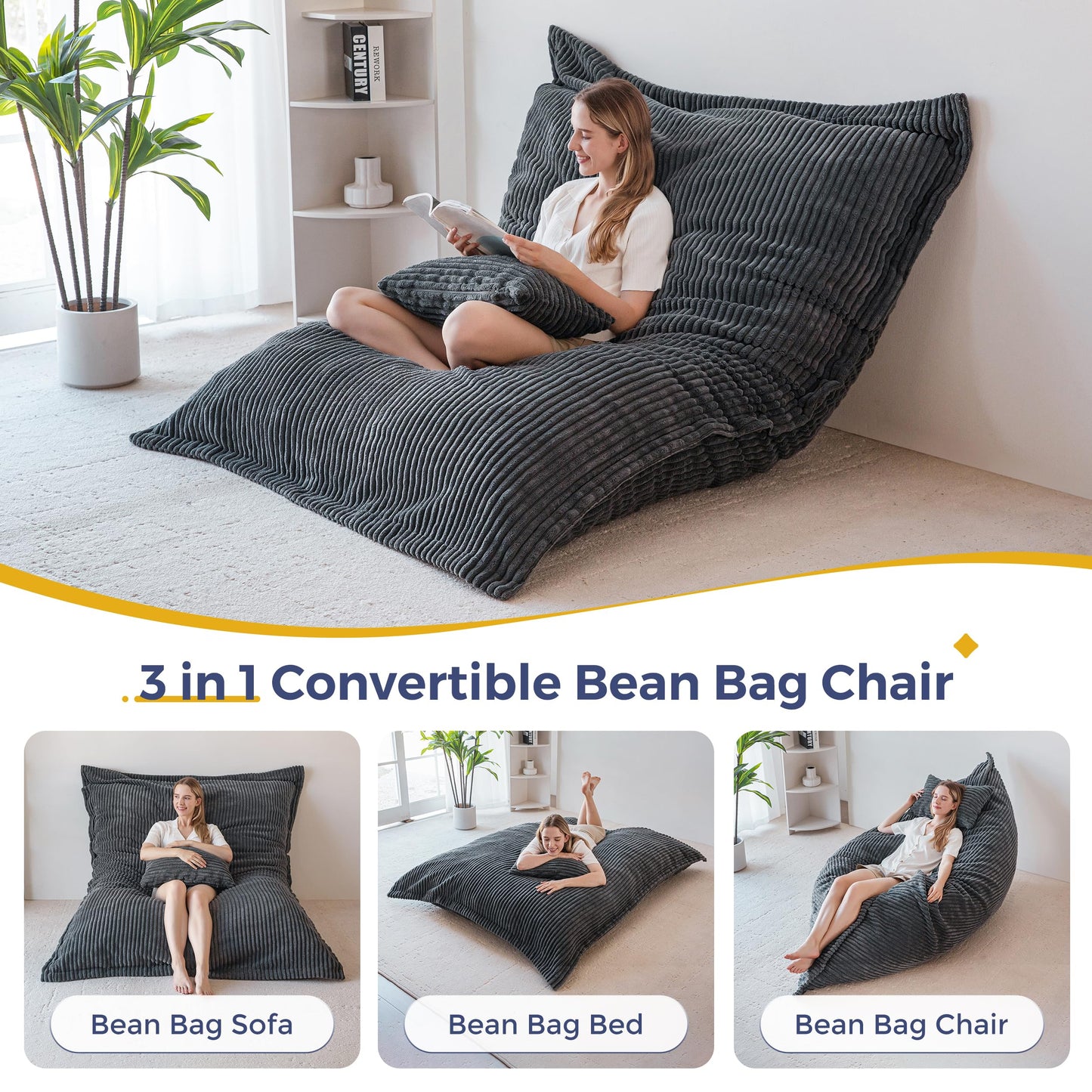 MAXYOYO Giant Bean Bag Chair with Pillow, 3 in 1 Convertible Bean Bag Chair for Adults with Washable Cover, Removable Floor Cushion Stuffed Floor Lounger for Living Room Bedroom, Dark Grey, Full