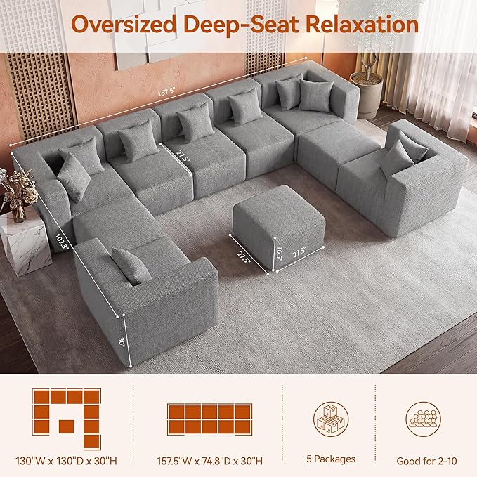 MONVANE Modular Sectional Sofa, Oversized 10 Seat Convertible U Shaped Couch