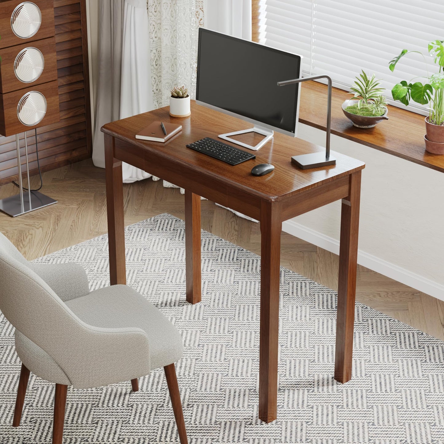Love-KNPTUS Solid Wood Desk with Drawers - 31.5" Narrow Desks for Small Spaces, Mid Century Modern Desks, Small Wooden Vintage Computer Writing Desk, Study Table for Home Office Bedroom, Walnut