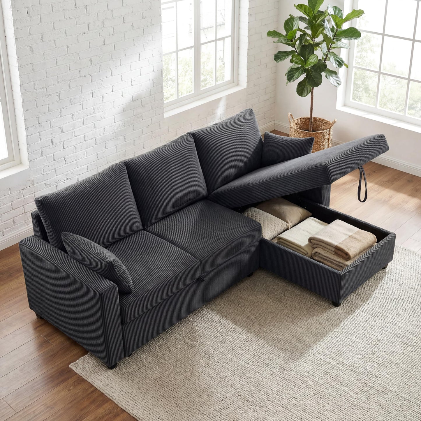 Trygoal Queen Sleeper Sofa, Convertible Sofa Bed with Storage, 85 Inch Sectional Couch with Pull Out Bed, L Shaped 3 Seat Sectional Sleeper Sofa for Living Room, Apartment, Black