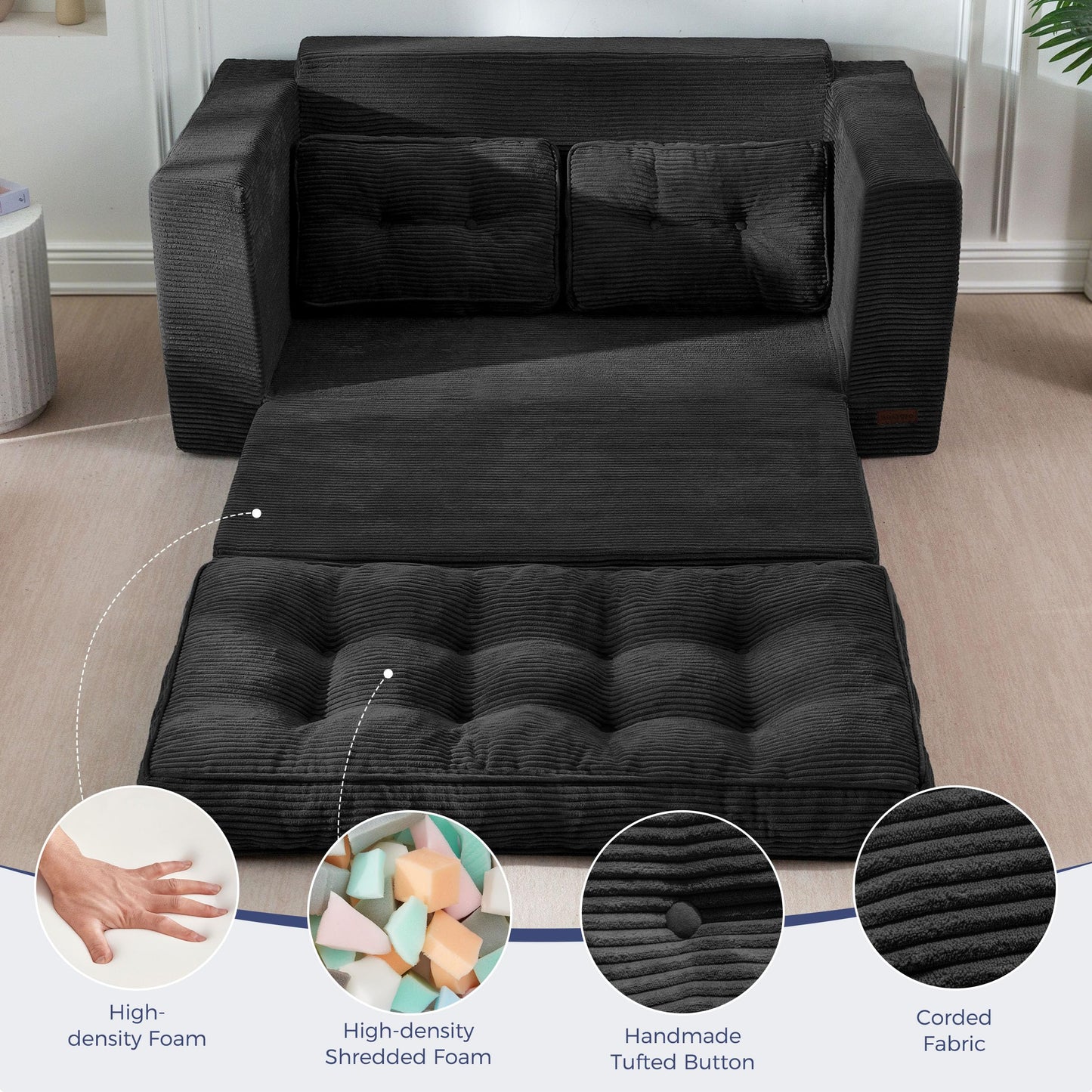 MAXYOYO Convertible Sofa Bed, Pull Out Loveseat Sofa Couch, 2 in 1 Folding Couch Bed, Fold Out Floor Couch with Pillows for Living Room Bedroom Lounge, Black