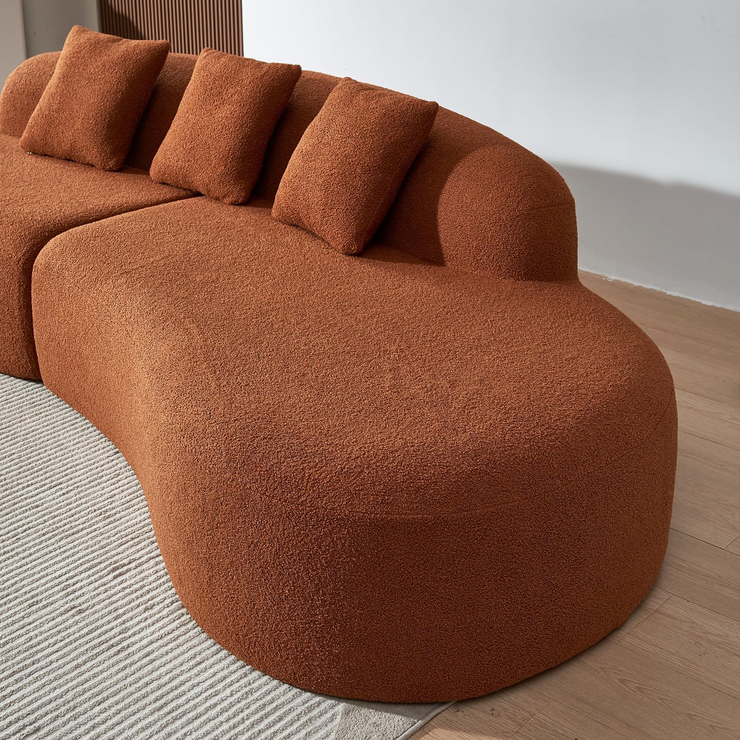 BBTJOINT Modern Curved Sectional Sofa, Boucle Fabric Boneless Couch, Oval Shape Chaise Lounge for Living Room with 3 Throw Pillows, (Burnt Orange)