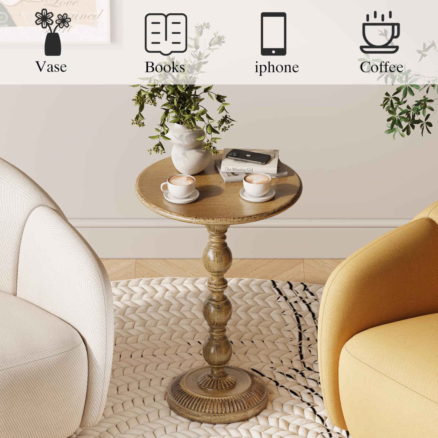 FormaCraft Small Round Metal Side Table, Lightweight Antique Accent Table,Retro Round Drink Table,Small Pedestal Table for Living Room, Bedroom, Corners (1, Antique Gold)