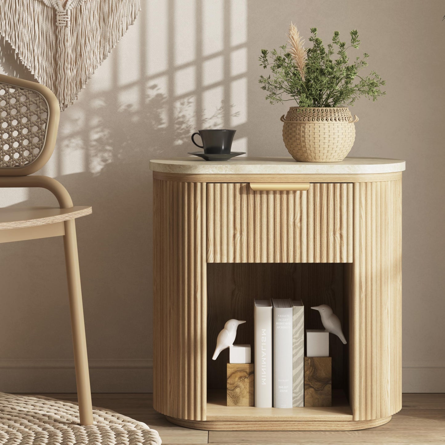 Fluted Nightstand with Faux Marble, 23.6" Large Bedside Side Table with Drawer, Wood End Table with Storage, Curved Round Corner, Furniture Bedroom Sofa, Mid Century Modern, Boho,Oak, Marble