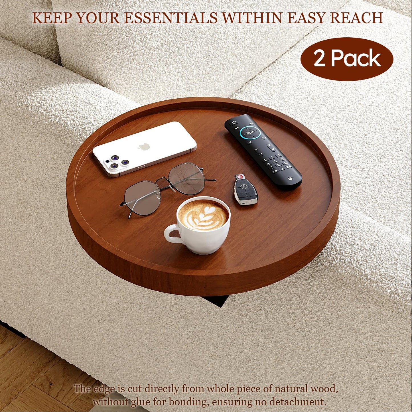 Semjar 2 Pack Sofa Arm Tray,11.8“ Adjustable Natural Wood Couch Arm Trays Tables with Phone Holder,More Anti-Slip Clip On Chair Table Tray,Round Couch Armrest Cup Holder for Drinks Snack Eating