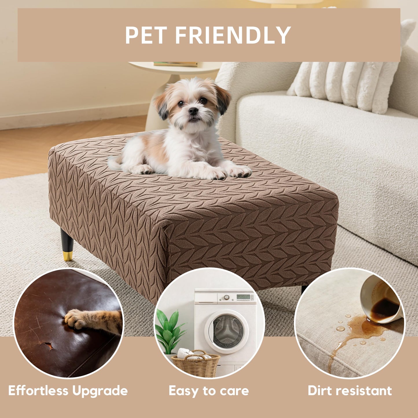 KaviKon Stretch Ottoman Cover Rectangle, Jacquard Foot Stool Slip Cover,Storage Footstool Furniture Protector with Elastic Band,Footrest Slipcovers Removable Washable(Small,Herringbone Coffee)