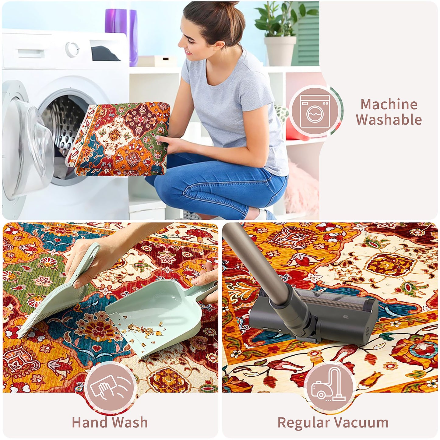 UKELER Nursery Rugs 5x7, Machine Washable Foldable Boho Floral Area Rugs, Non Slip Durable Low Profile Accent Rug for Kids Playroom Bedroom Living Room Dinning Room Dorm Office Hotel Farmhouse, Beige