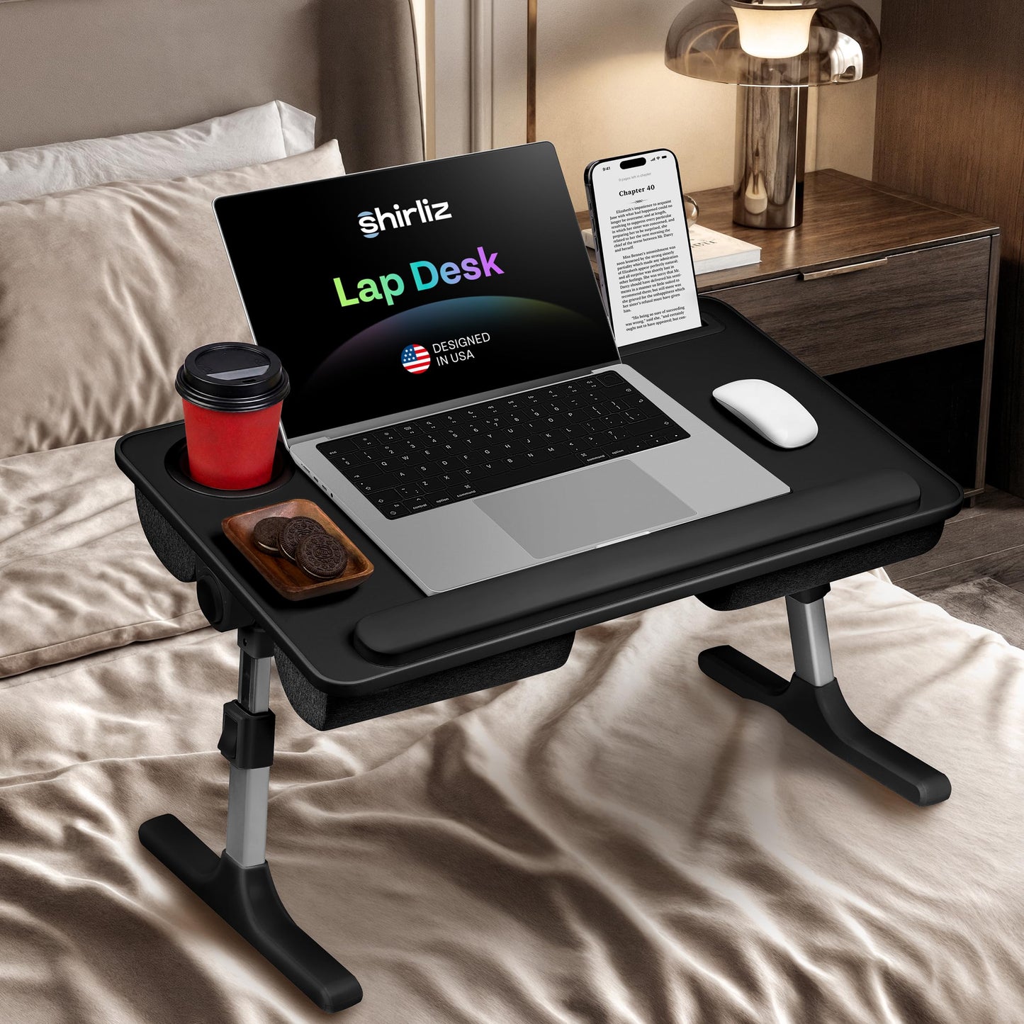 SHIRLIZ Lap Desk with Legs & Cushions: 2-in-1 Foldable Bed Desk for Adults - One-Touch Height Adjustment, Bed Table Tray Hold: up to 15.6“ Laptop, Mouse Cup Phone - Laptop Stand Desks for Bed (Black)
