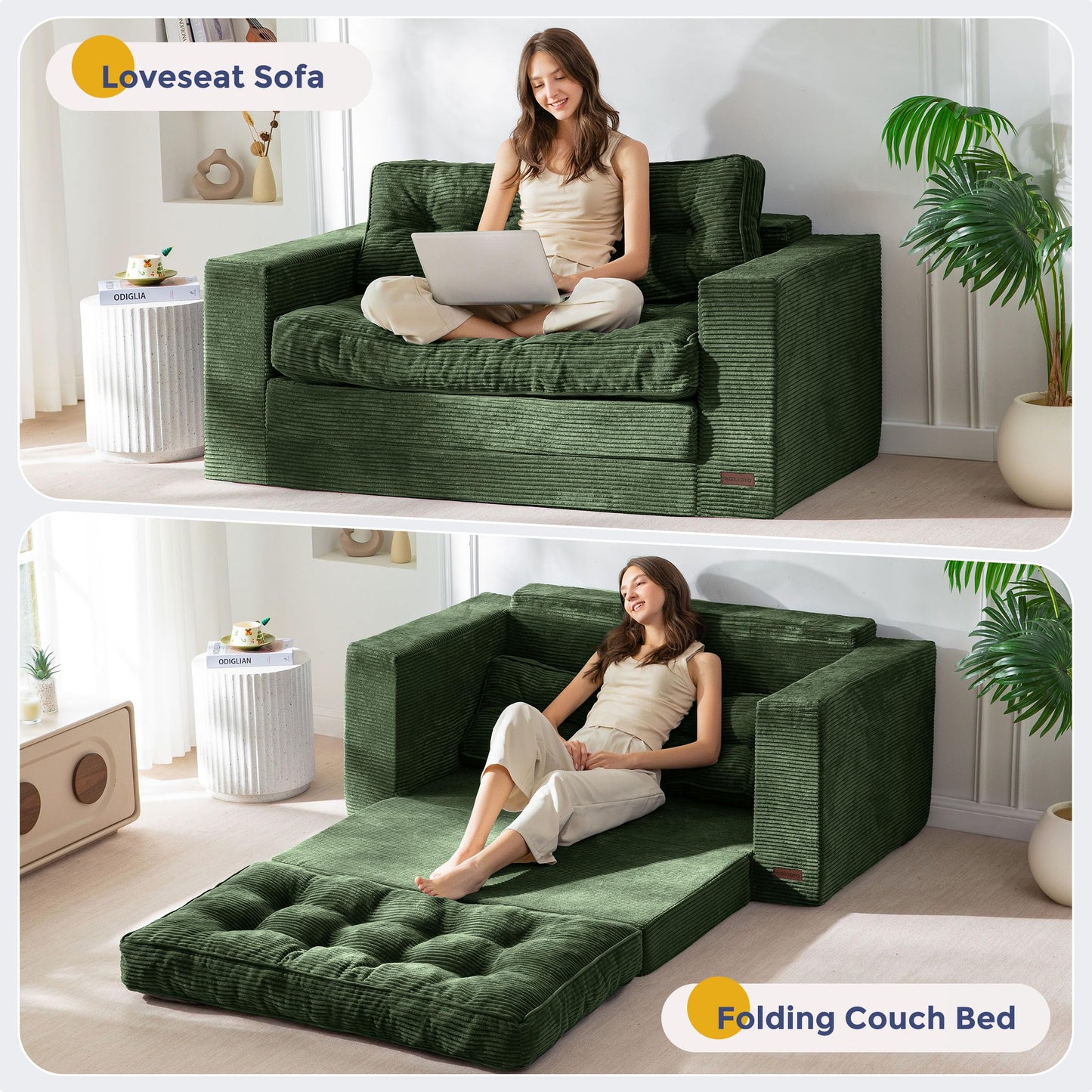 MAXYOYO Convertible Sofa Bed, Pull Out Loveseat Sofa Couch, 2 in 1 Folding Couch Bed, Fold Out Floor Couch with Pillows for Living Room Bedroom Lounge, Dark Green