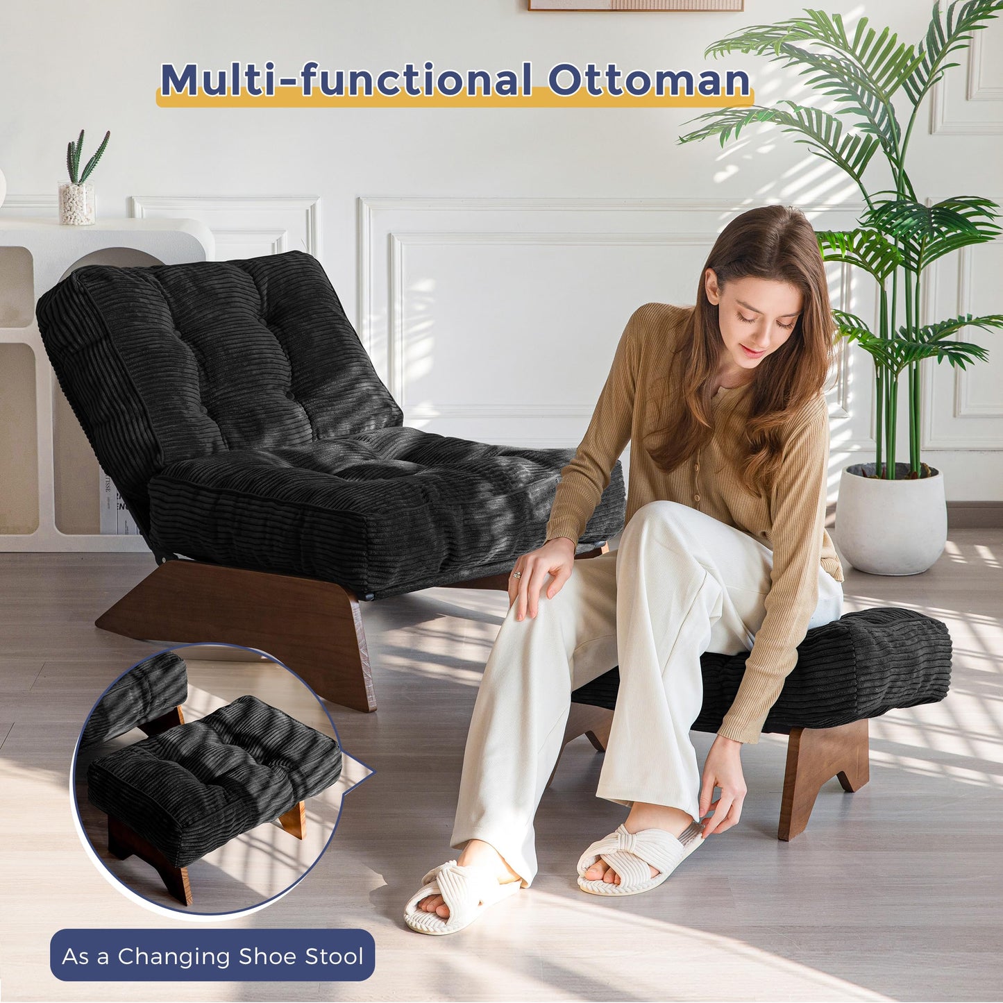 MAXYOYO Accent Chair with Ottoman Adjustable Backrest, Tufted Living Room Chair Upholstered Lounge Chair with Footrest Set, Modern Chair Cozy Reclining for Reading Room, Black