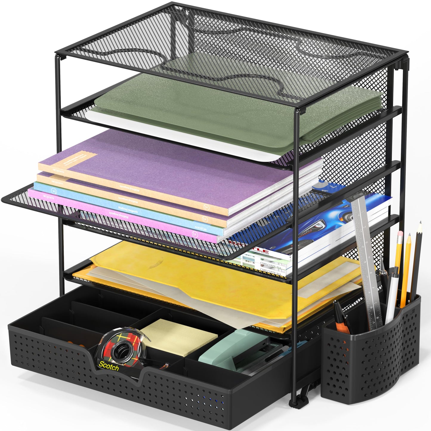 Simple Houseware 5-Tier Document File Tray with Sliding Drawer and Pen Bucket, Black