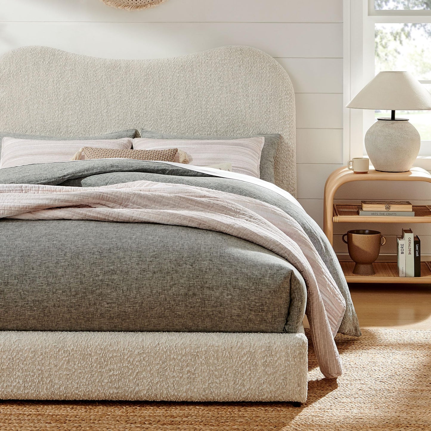 Seluna Queen Size Boucle Platform Bed in Pearl with Curved Headboard – Upholstered Queen Bed Frame with Wood Slats