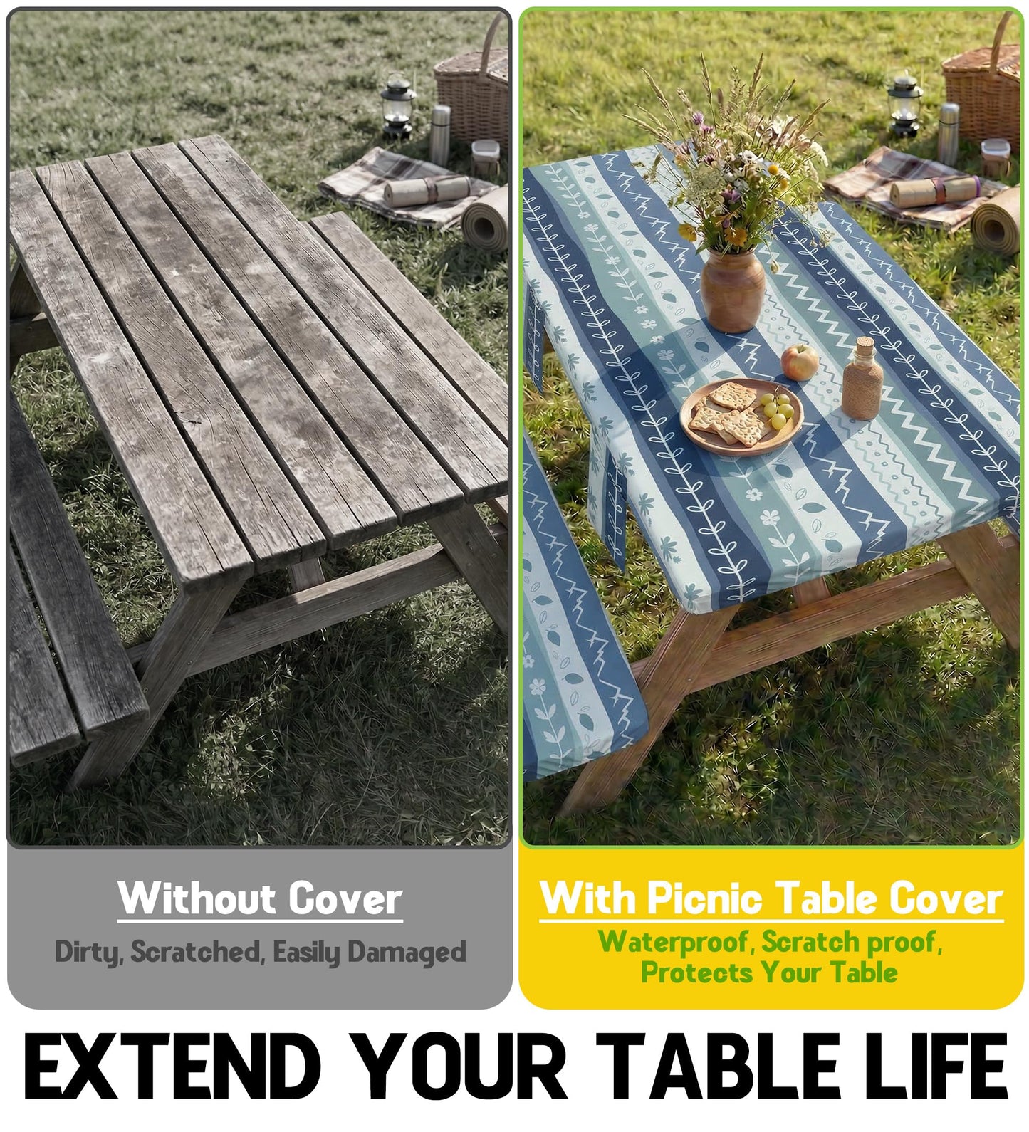 Picnic Table Cover with Bench Covers Waterproof Elastic Rectangle Furniture Fitted Tablecloth Table Cloth Glamping Camp Camper Camping Essentials Outdoor Road Trip Rv Car Travel Vacation Canping Gear