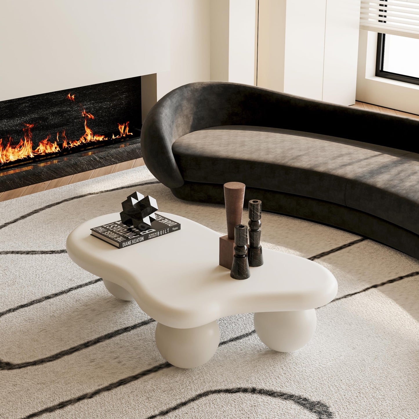 KEIKI 40" Cloud Shaped Coffee Table with 3 Ball Legs, Low Modern Wooden Coffee Table for Living Room, Office, or Small Spaces, Cream White