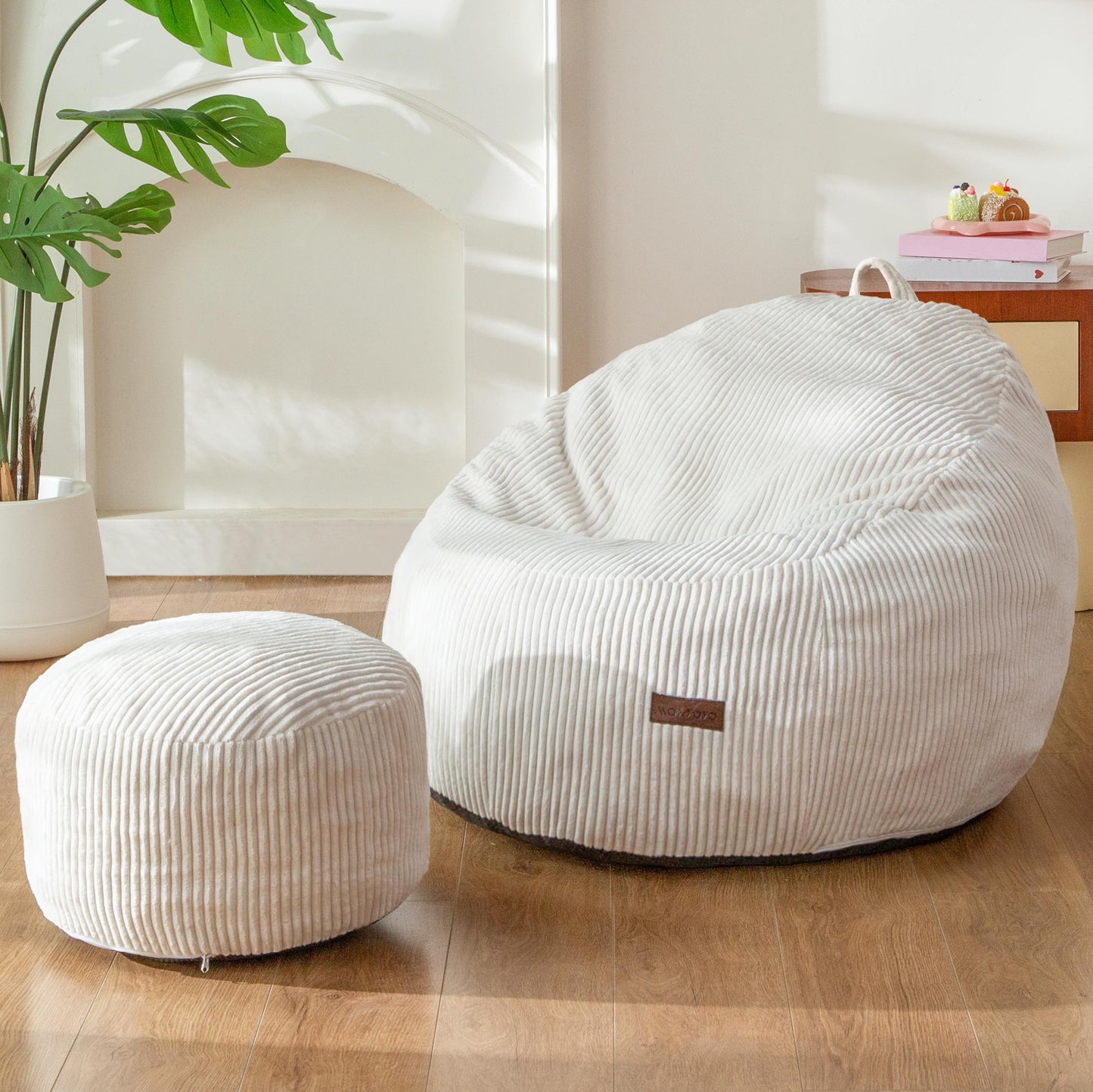 MAXYOYO Kids Bean Bag Chair with Ottoman, Soft Plush Bean Bag Sofa with Removable Cover for Boys and Girls, Convenient Floor Seat with Handle, Comfy Toddler Lounge Chair for Playroom, Bedroom, Beige