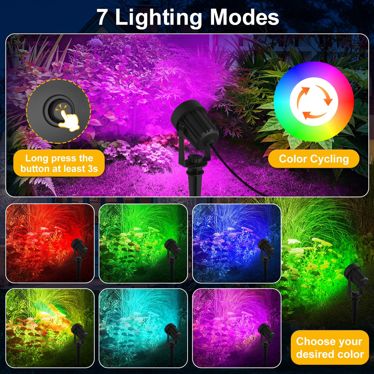 T-SUNUS RGB Solar Spot Lights Christmas Outdoor 6-in-1, Color Changing Landscape Spotlights Pond Lighting Waterproof IP65 9.8ft Cable for Tree Patio Pathway Yard Garden Wall Flag Halloween Holiday