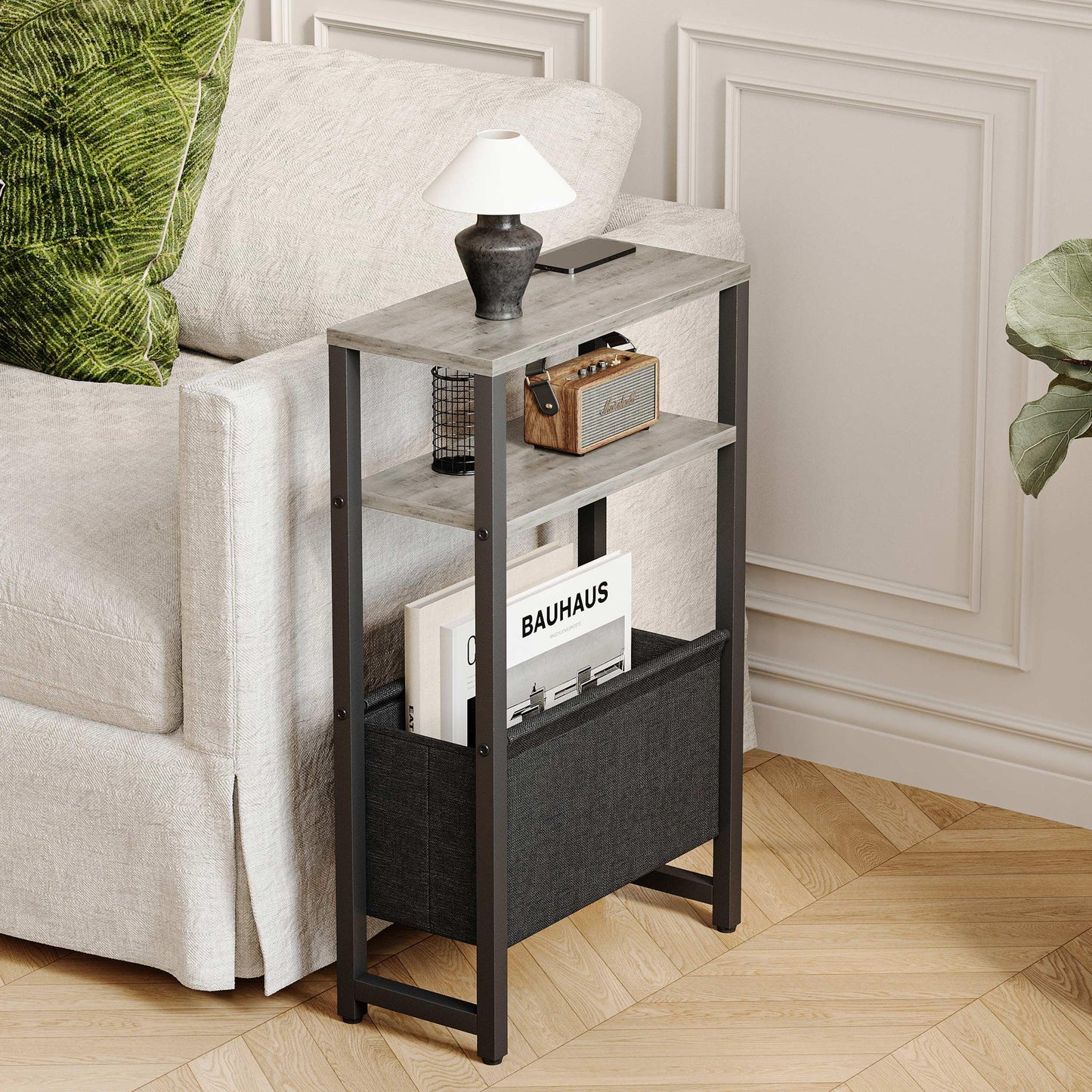 IRCPEN Narrow Side Table, Slim End Table with Magazine Rack, Skinny Bedside Table for Small Spaces, 3 Tier Sofa Couch Table Nightstand for Living Room, Bedroom,Oak Grey LET503Q
