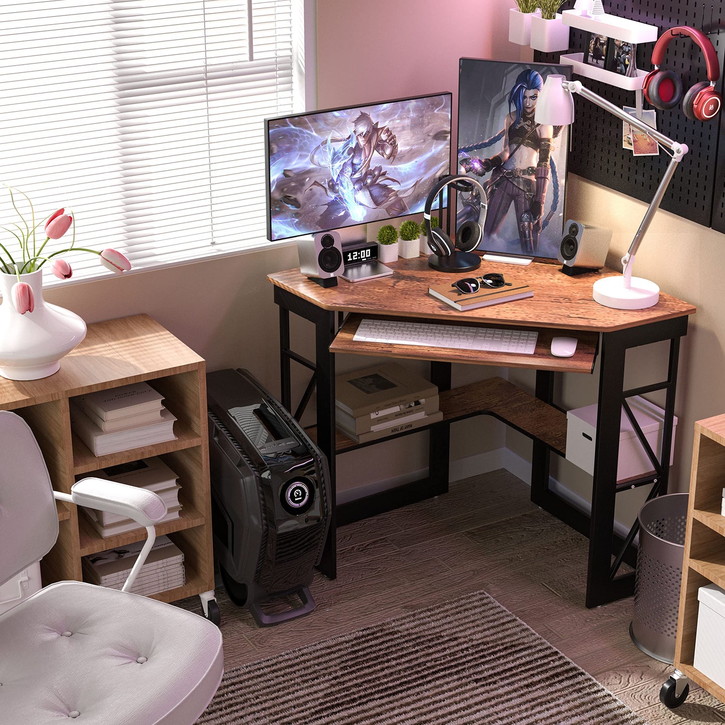 VECELO Corner Computer Desk 41 x 30 inches with Smooth Keyboard & Storage Shelves for Home Office Workstation, Antique Brown