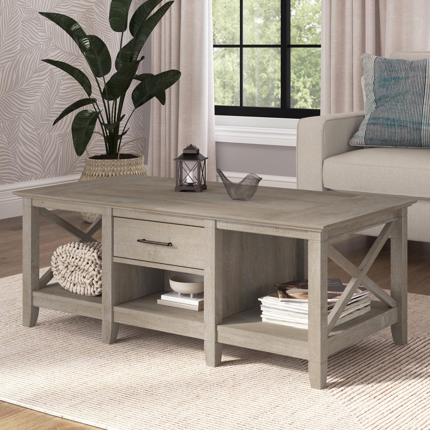Bush Home Key West Coffee Table with Storage in Washed Gray