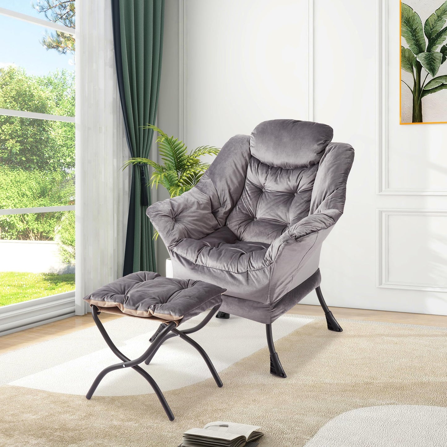 GarveeHome Lazy Chair with Ottoman, Modern Lounge Accent Chair, Leisure Sofa Armchair with Footrest, Reading Armchair with Side Pocket for Living Room, Bedroom, Dorm & Office (Dark Grey, 1PCS)