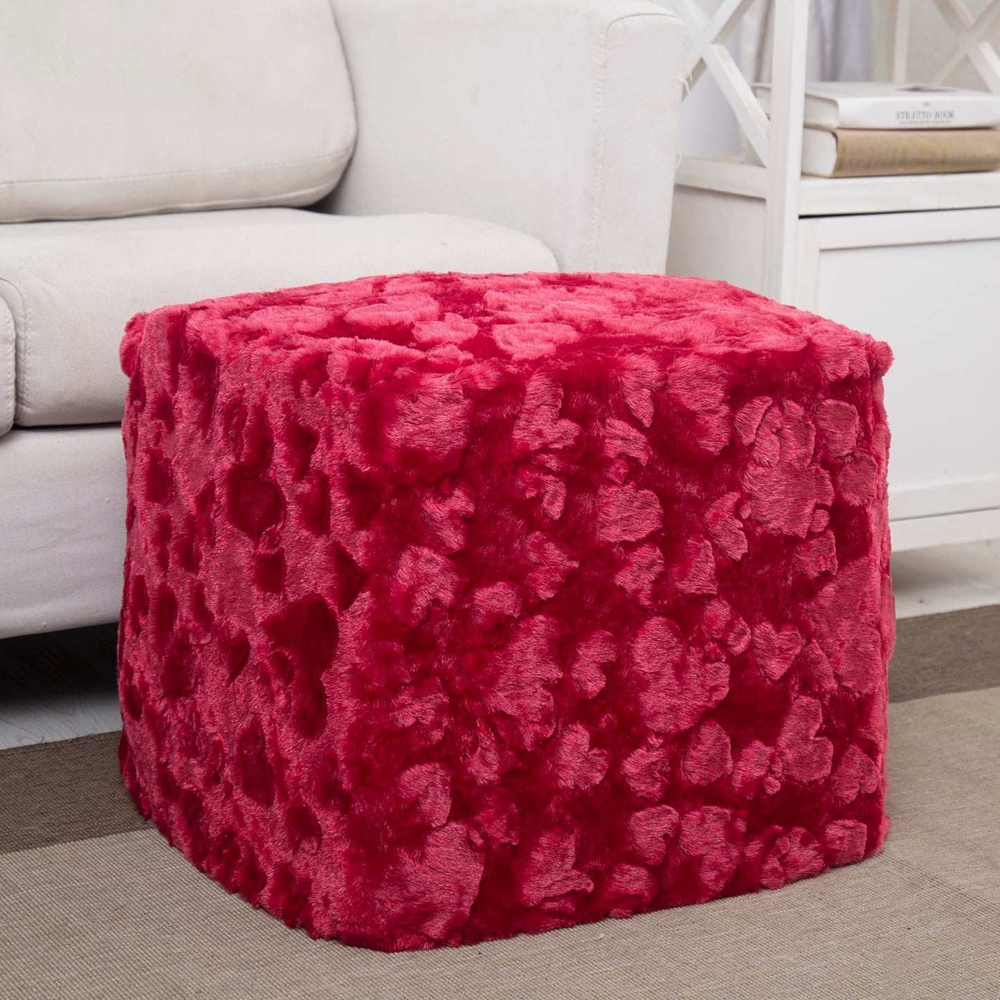 DaDa Bedding DaDalogy Ottoman Pouf Cover Red Hearts in Love Faux Fur [NO Insert] - Bean Bag Footstool Cover Romantic Cozy Soft with Zipper - 1-Piece 18" x 18" x 18"