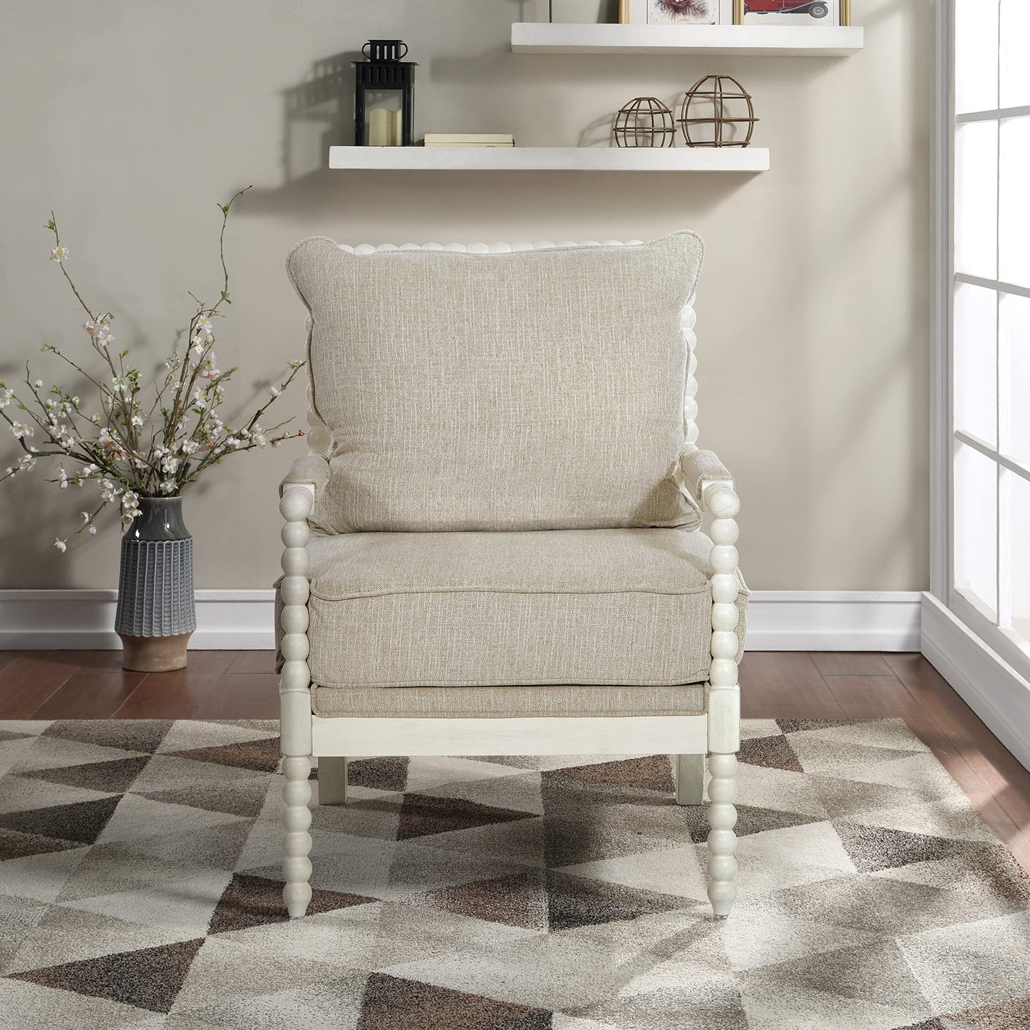 OSP Home Furnishings Kaylee Spindle Accent Chair with Antique White Wood Frame, Beige Linen Fabric