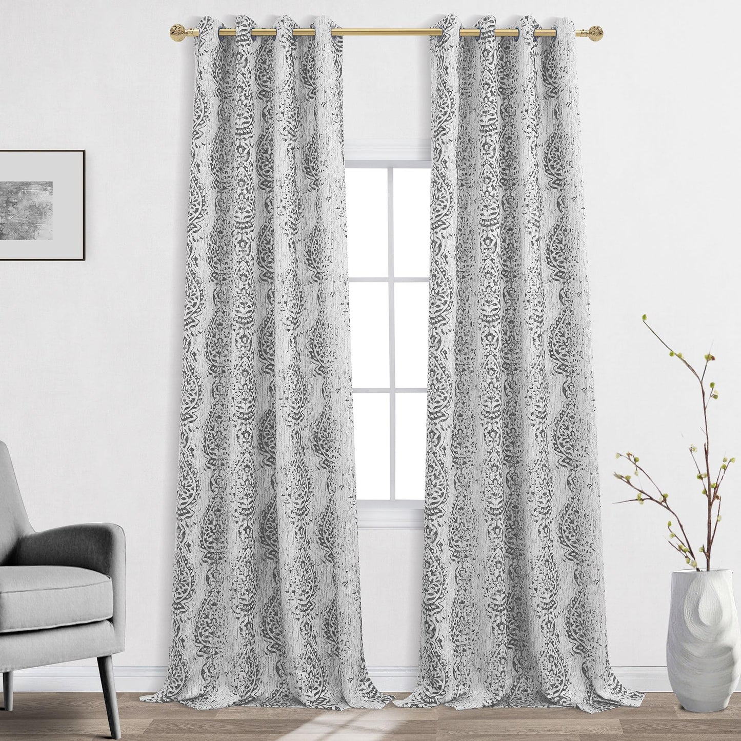 Mrs.Naturall 108 Inch 9FT Farmhouse Room Darkening Curtains, Damask Jacquard Luxury Grommet Drapes for Living Room Bedroom, 2 Panels Set, 9 FT Length 52'' L x 108'' W, Grey and White
