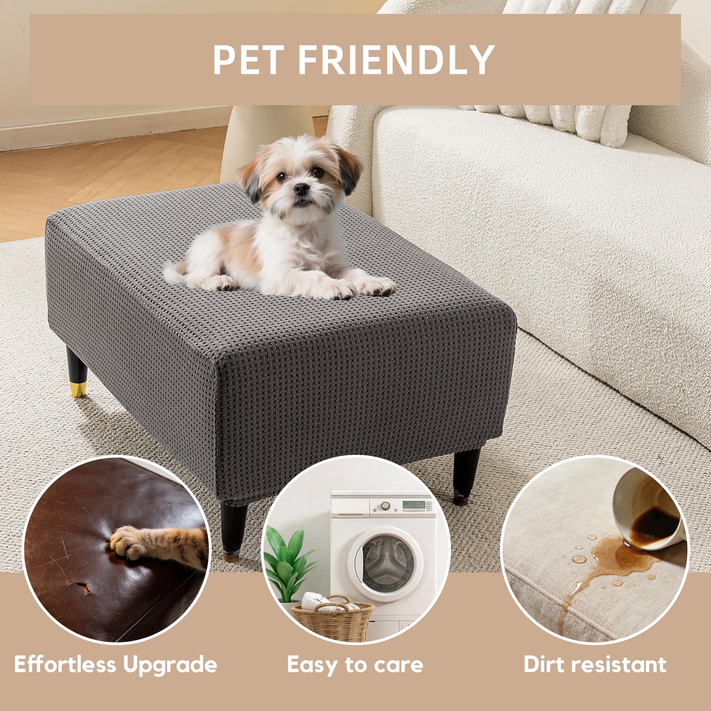 KaviKon Ottoman Cover Slipcover Rectangle Fit Length 25"-30" Stretch Foot Stool Slip Cover, Footrest Slipcovers Protector with Elastic Band, Ottoman Cover Removable Washable(Small,Grid Weave Grey)