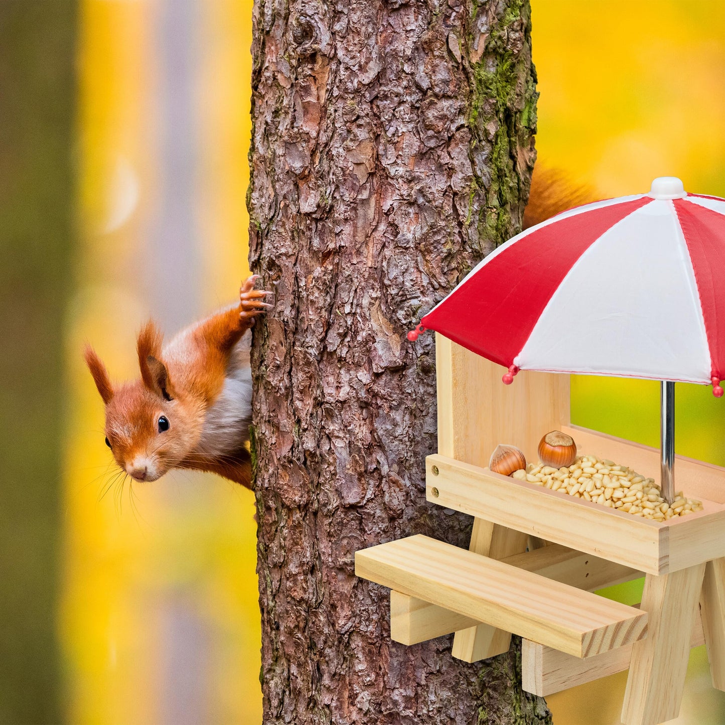 Relaxdays 1 x Wooden Squirrel Bench with 2 Umbrellas, Squirrel Picnic Table Hanging Light Brown