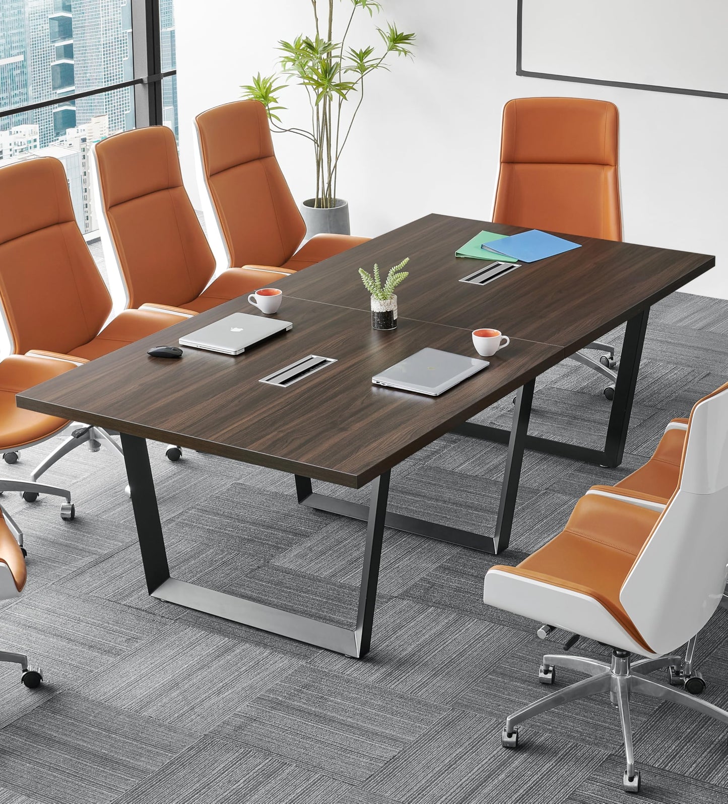 ahliss Sturdy Conference Table with Cable Management Grommets Modern Rectangle Office Meeting Table with Wood Tabletop and Metal Frame & Legs- Easy Assembly Boardroom Table (Dark Brown, 8 Foot)
