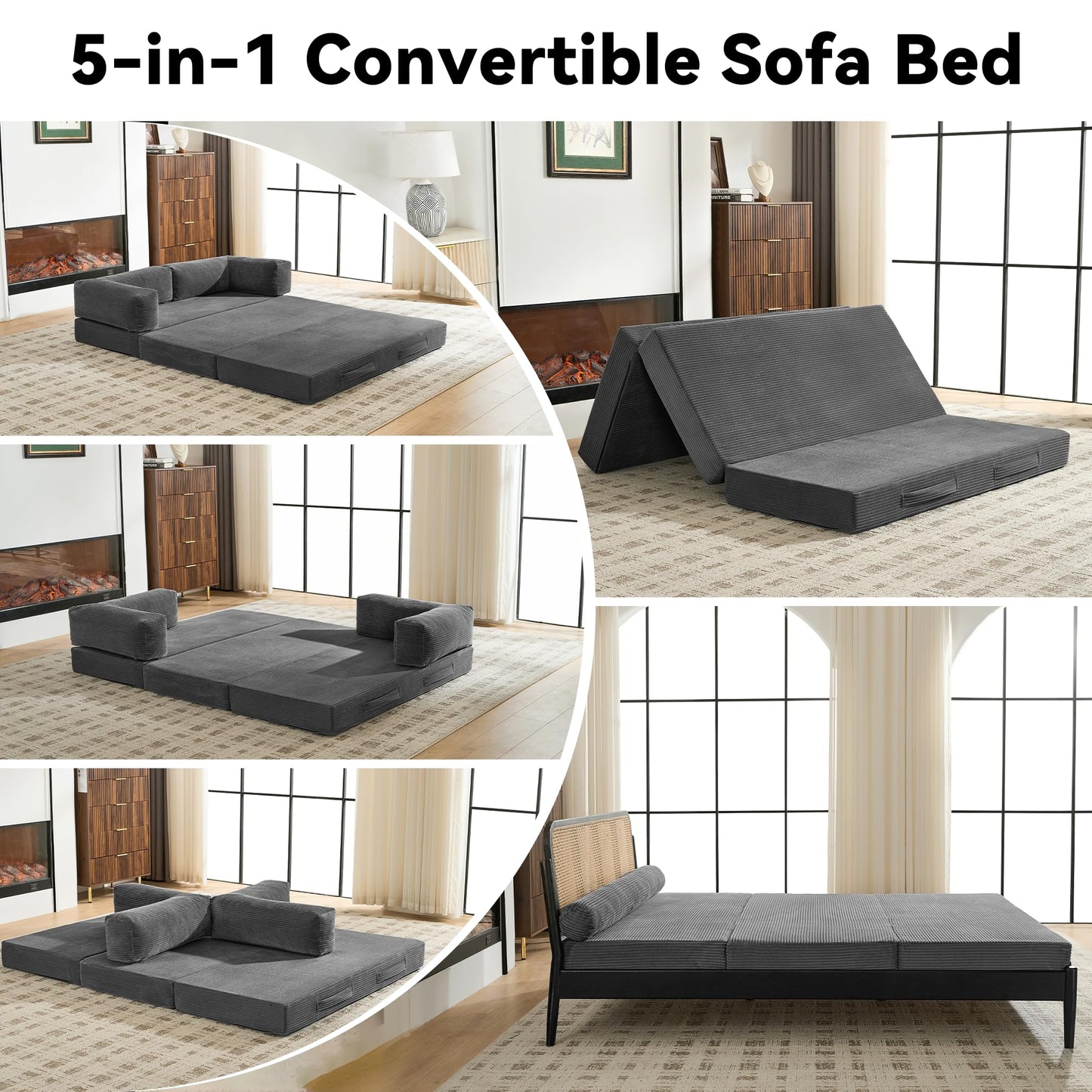 Grey 5-in-1 Convertible Sofa Bed, 60" Boneless Couch Tri Folding Mattress with Removable L-Shaped Armrests, Modern Corduroy Futon Couch Sleeper with Pull Out Bed for Living Room Bedroom Apartment