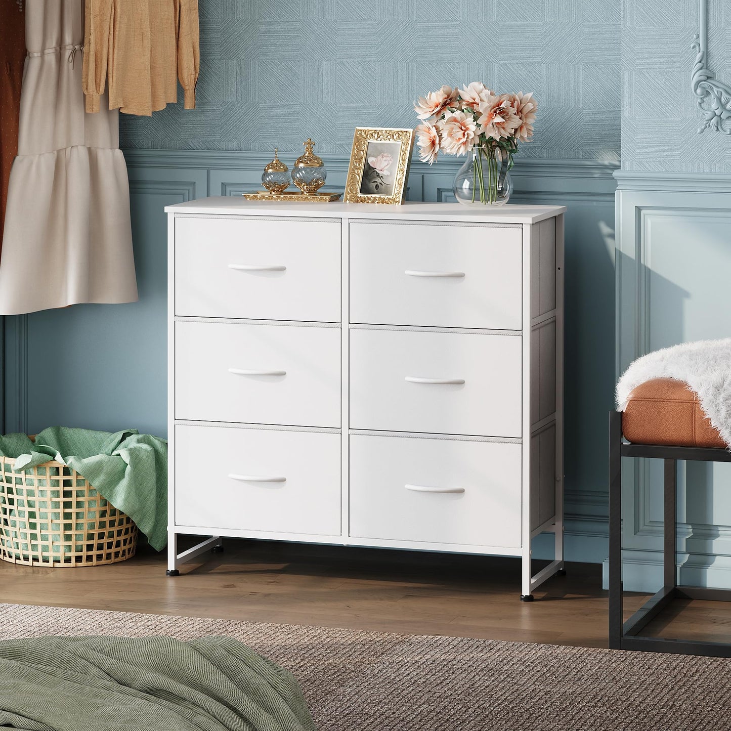 WLIVE White Dresser for Bedroom with 6 Fabric Drawers, Closet Dresser with Metal Frame, Wooden Top, Chest of Drawers for Closet, Living Room, Hallway