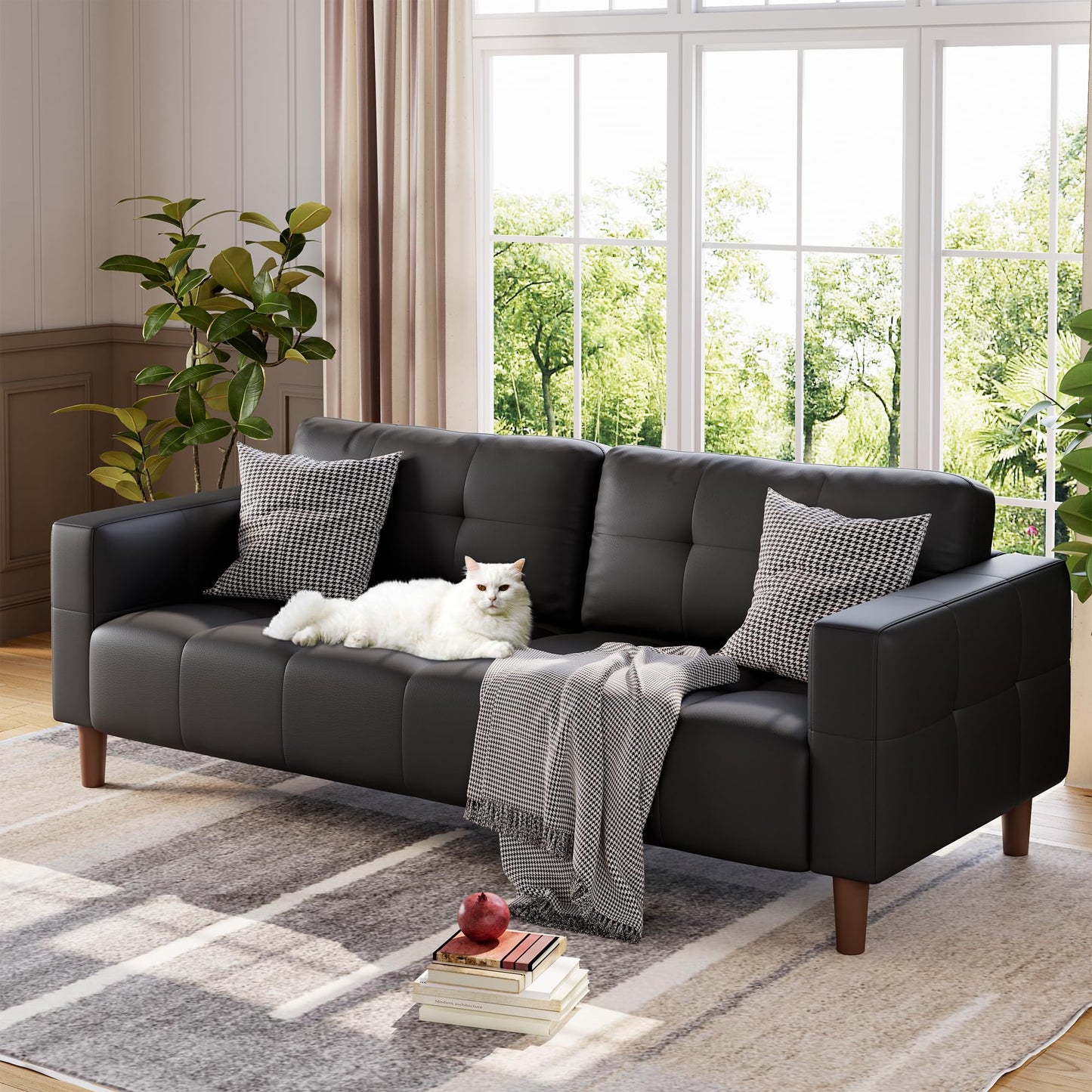 GarveeHome 3-Seater Sofa Couch, 83" Wide Faux Leather Sofa Couch with Spring Cushion, Modern Sofa with Deep Seats and 2 Removable Back Cushions, for Living Room, Apartment, Office, Modern Black