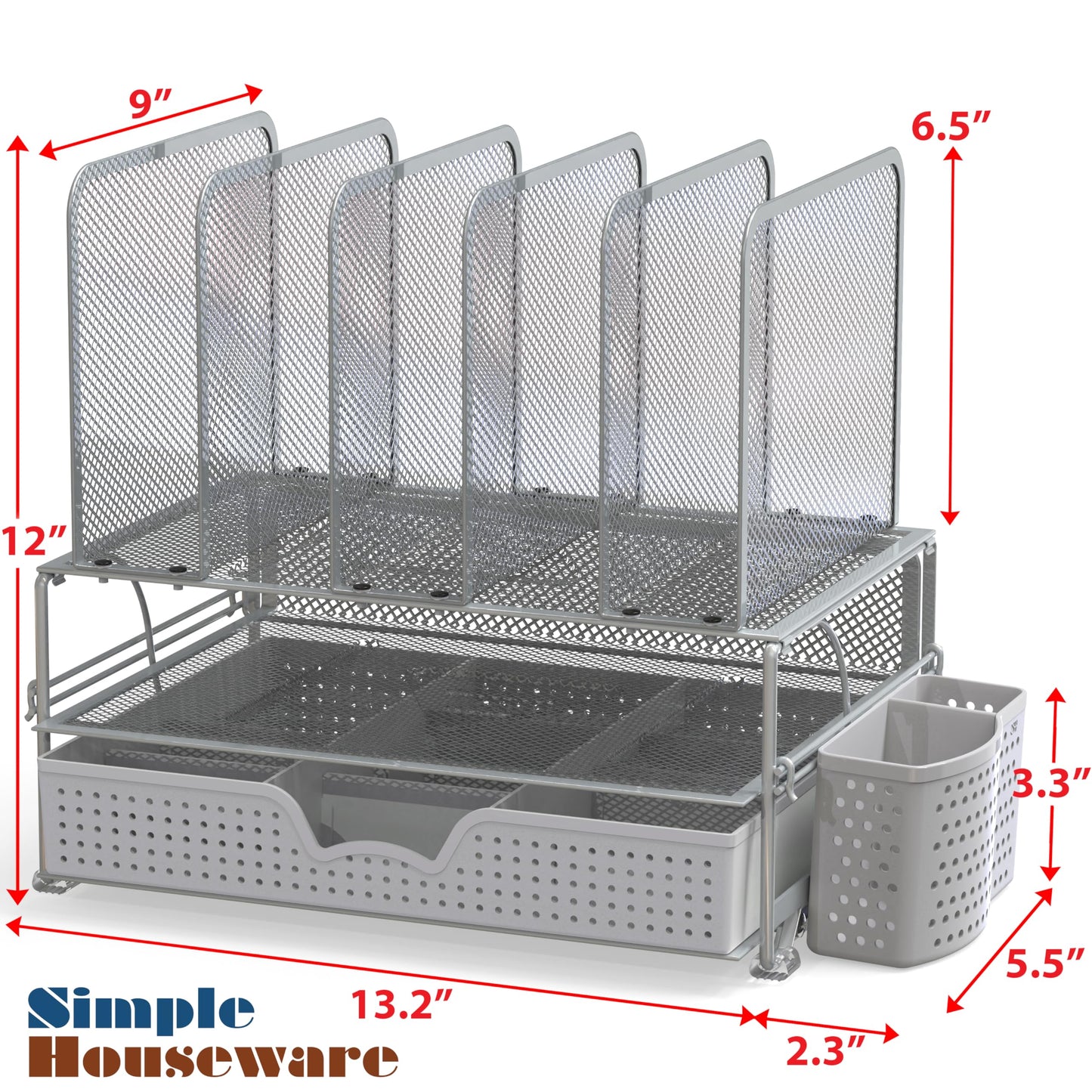 Simple Houseware Mesh Desk Organizer with Sliding Drawer, Double Tray and 5 Upright Sections, Silver