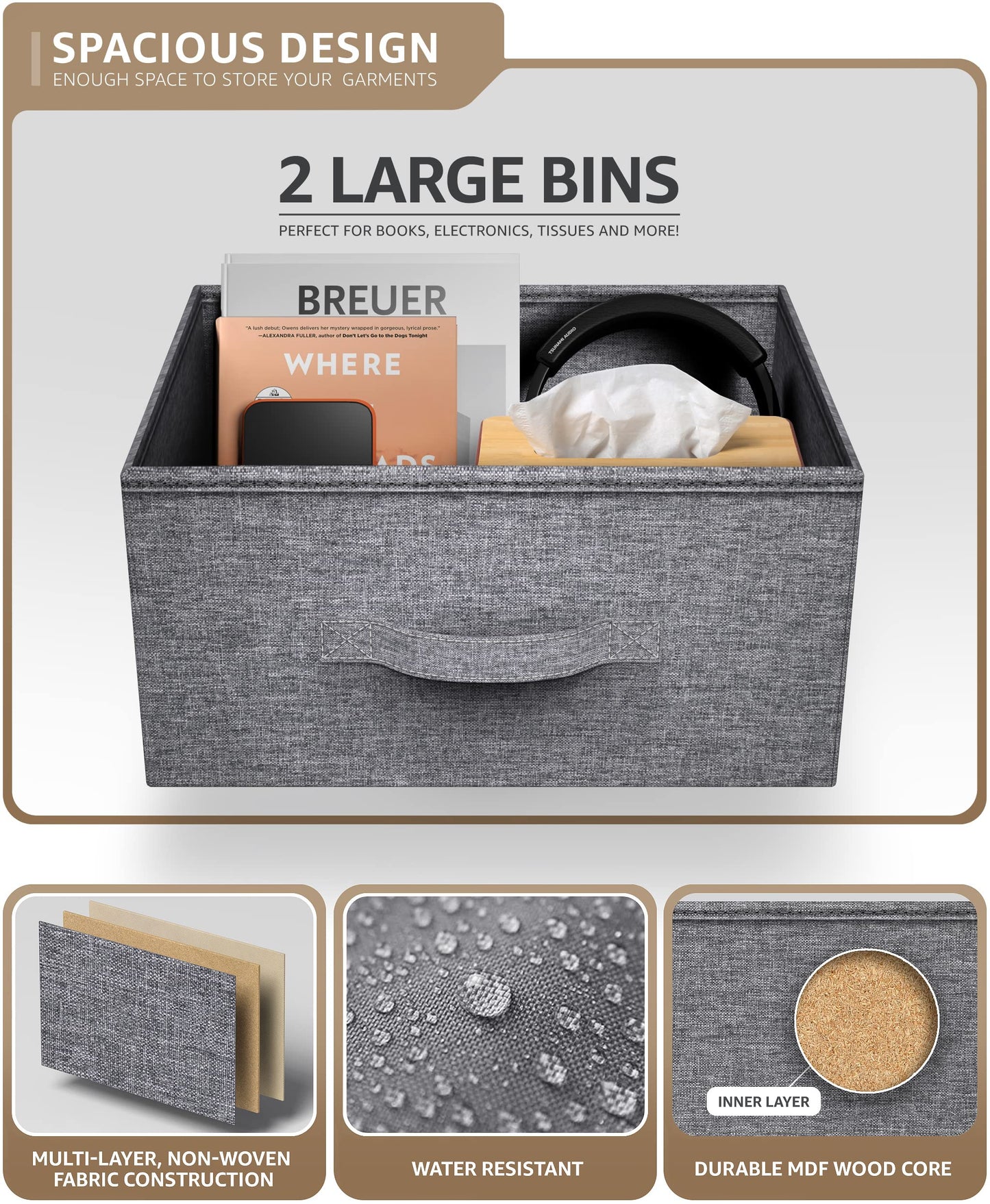 Sorbus Nightstand with 2 Drawers - Bedside Furniture End Table Night Stand with Steel Frame, Wood Top & Easy Pull Fabric Bins - Small Dresser & Chest for Home, Bedroom Accessories & Office