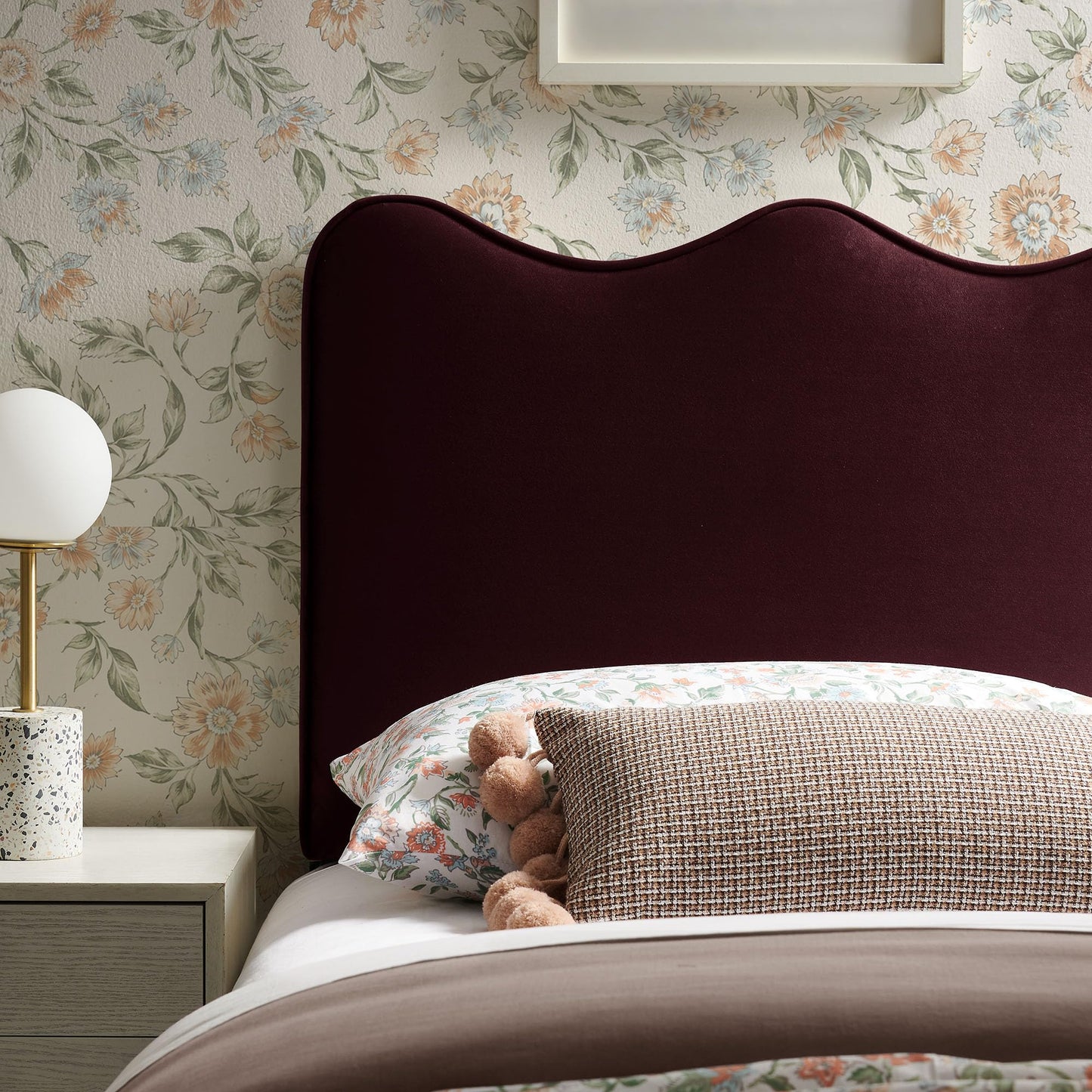 Monday Athena Twin Size Performance Velvet Adjustable Headboard in Mulberry - with Scalloped Wave Design and Stain-Resistant Velvet Upholstery