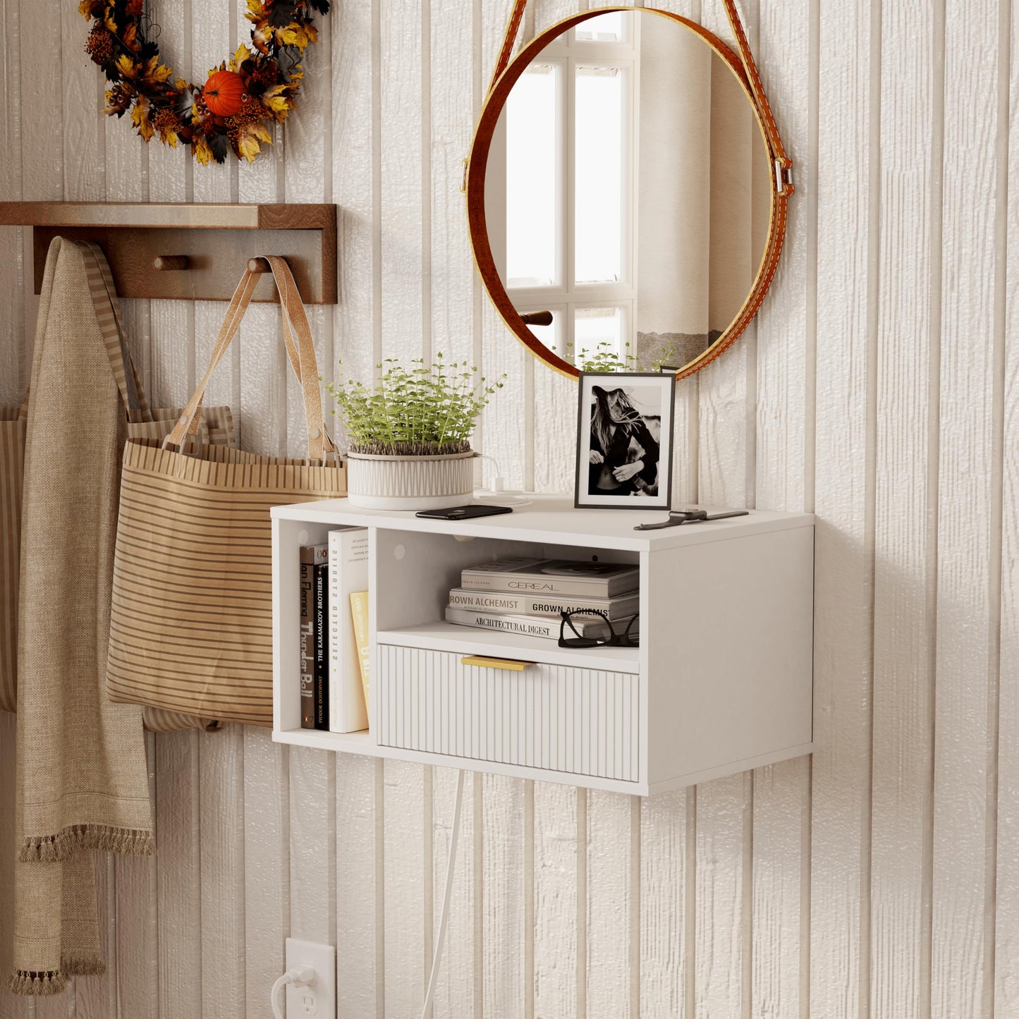 Veegle White Floating Nightstand with Charging Station and LED Lights,White