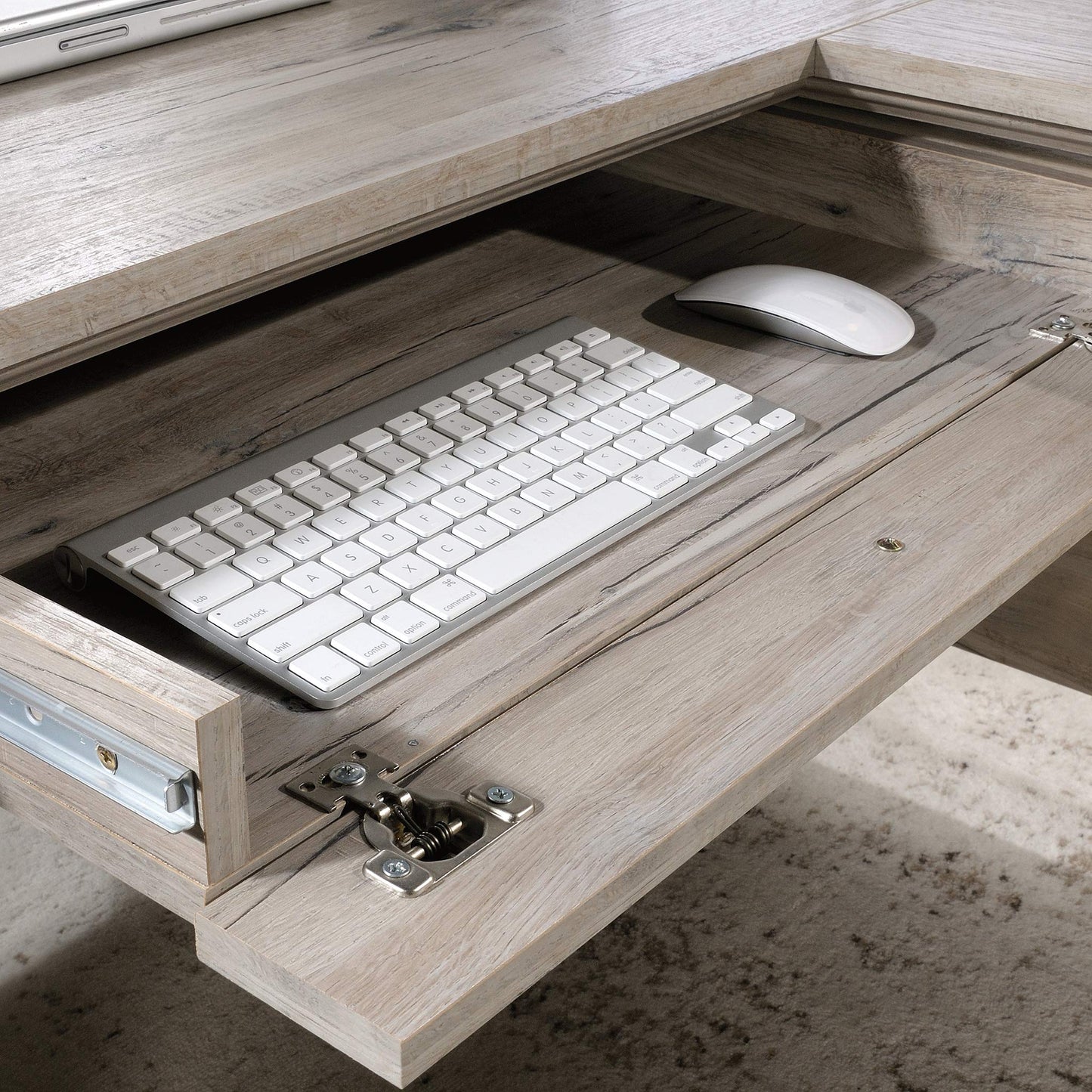 Sauder Palladia L Shaped Desk with Drawers, Office Desk with File Cabinet Storage, Cable Management, Keyboard Tray, in Split Oak finish