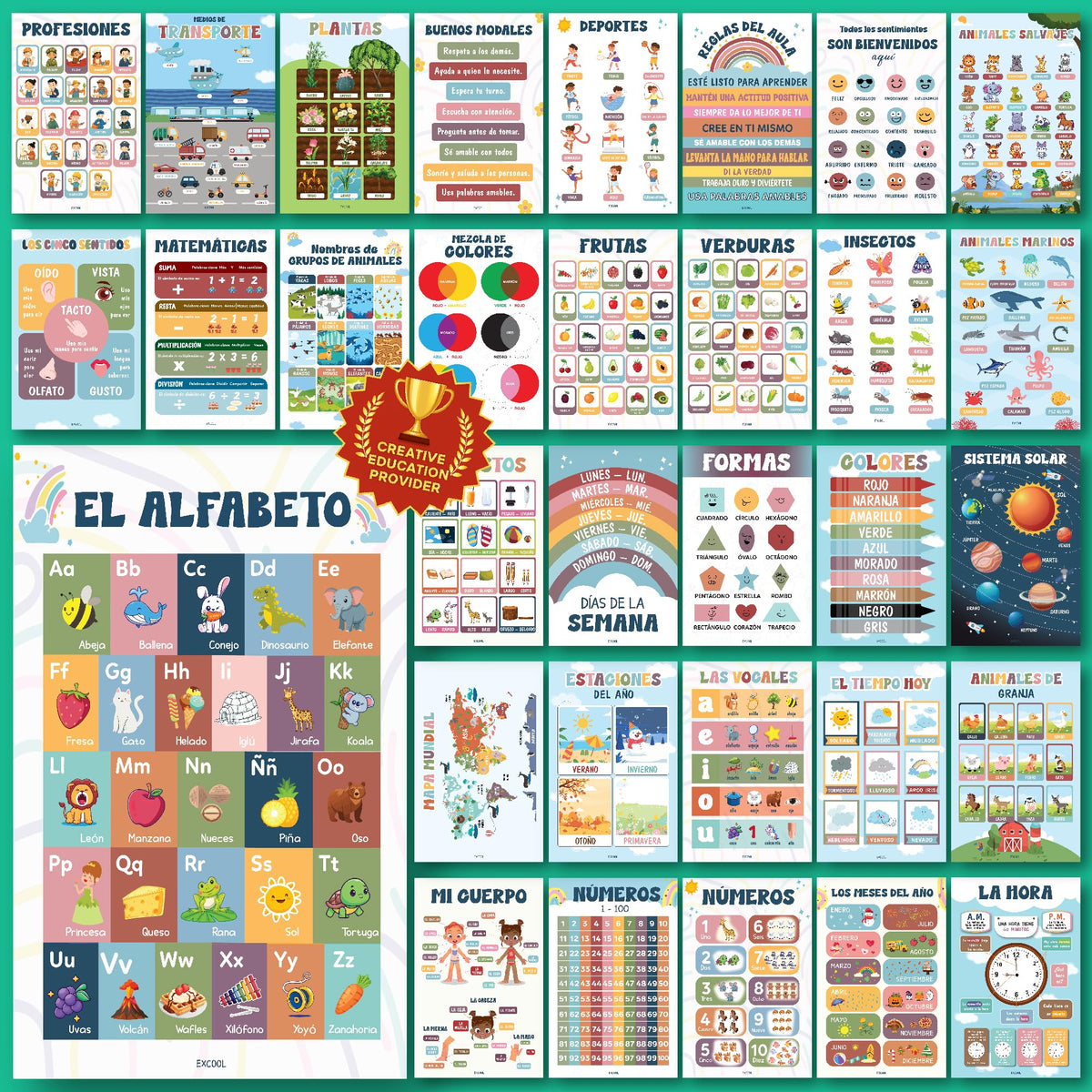 EXCOOL CLUB 32 Spanish Classroom Posters For Elementary - Colorful Bilingual Educational Posters For Toddlers 1-3, Laminated Learning Poster Preschool Must Haves, Abecedario Para Niños En Español
