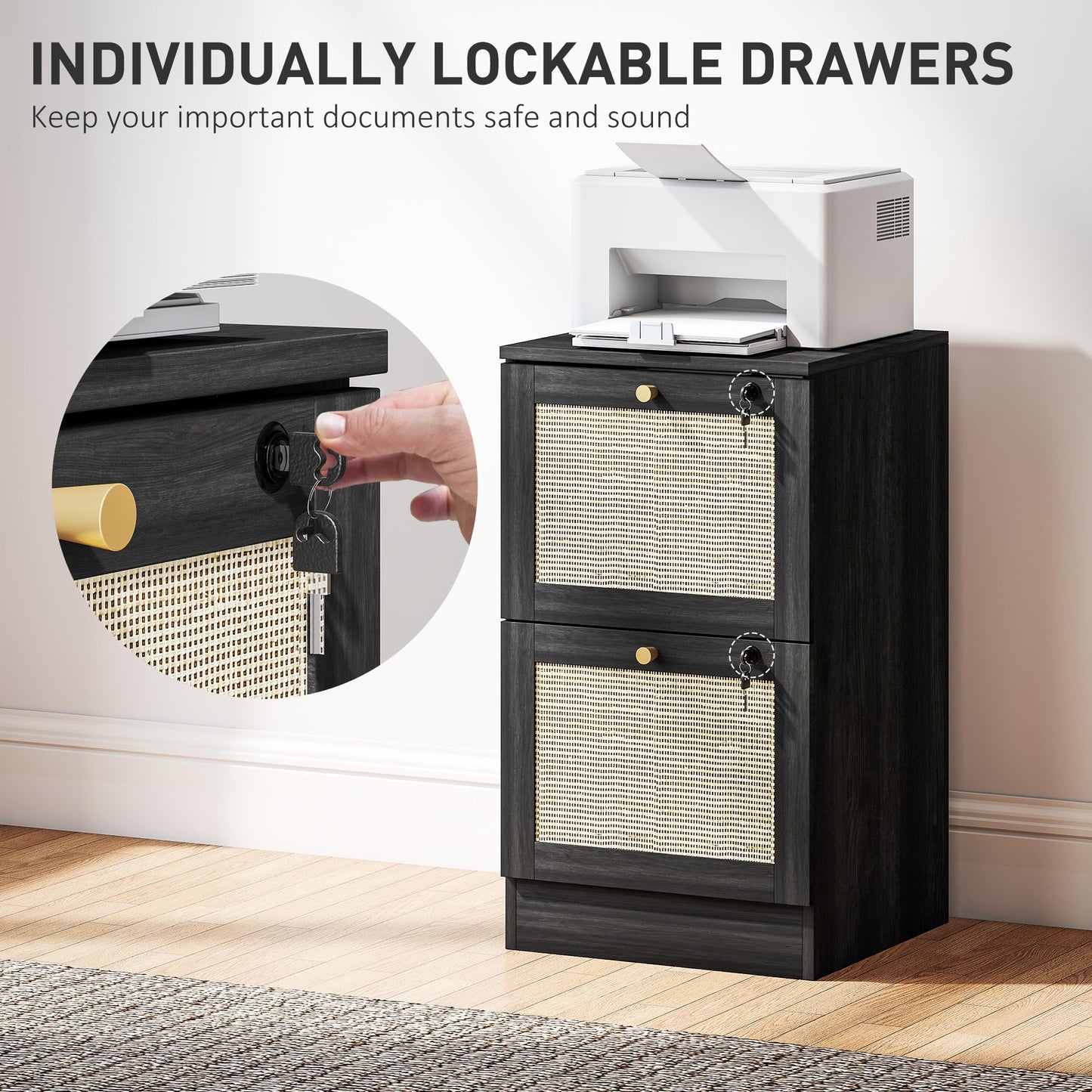 HOMCOM 2 Drawer File Cabinet with Lock, Boho Vertical Filing Cabinet for A4 Letter Size Files, Printer Stand with Decorative Rattan Accents for Home Office, Black