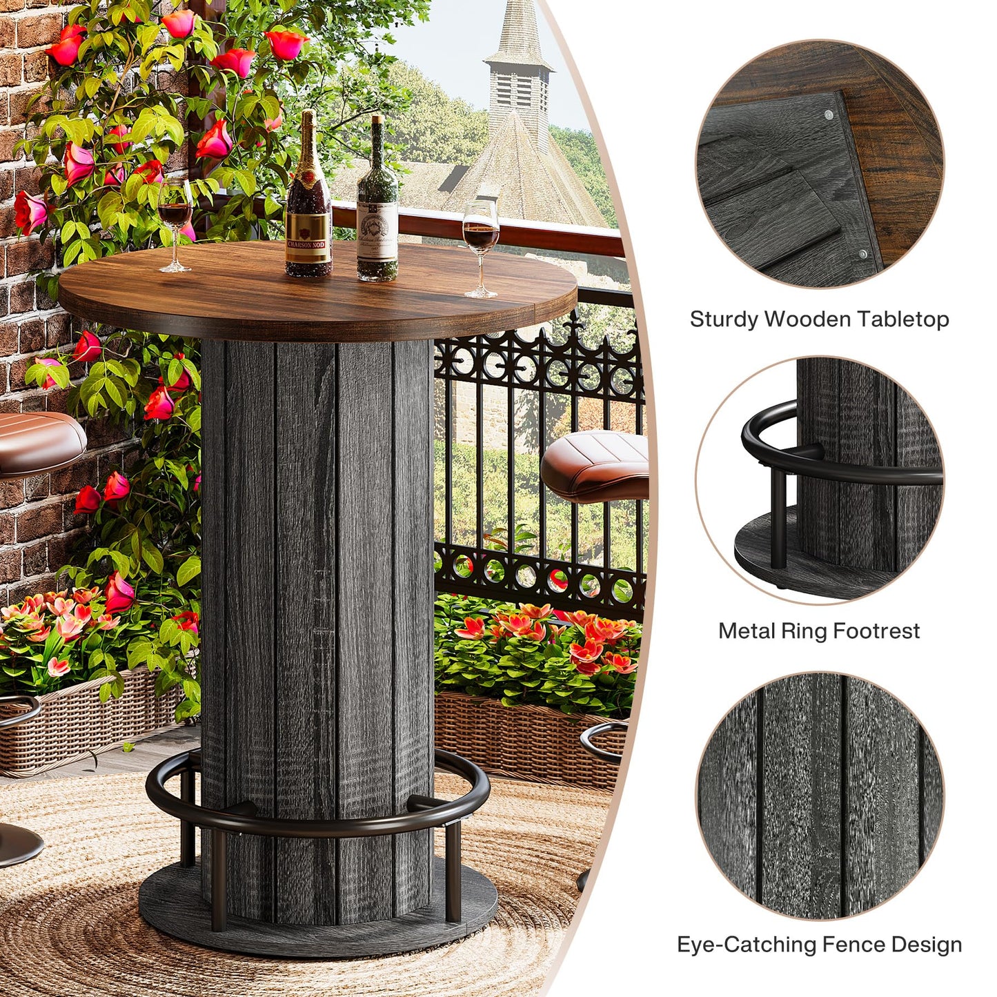 Tribesigns Round Bar Table, 39.4" H Wood Bistro Pub Table with Metal Ring Footrest for Dining Coffee Cocktail Living Room, Small Space, Brown & Gray (Only Table)