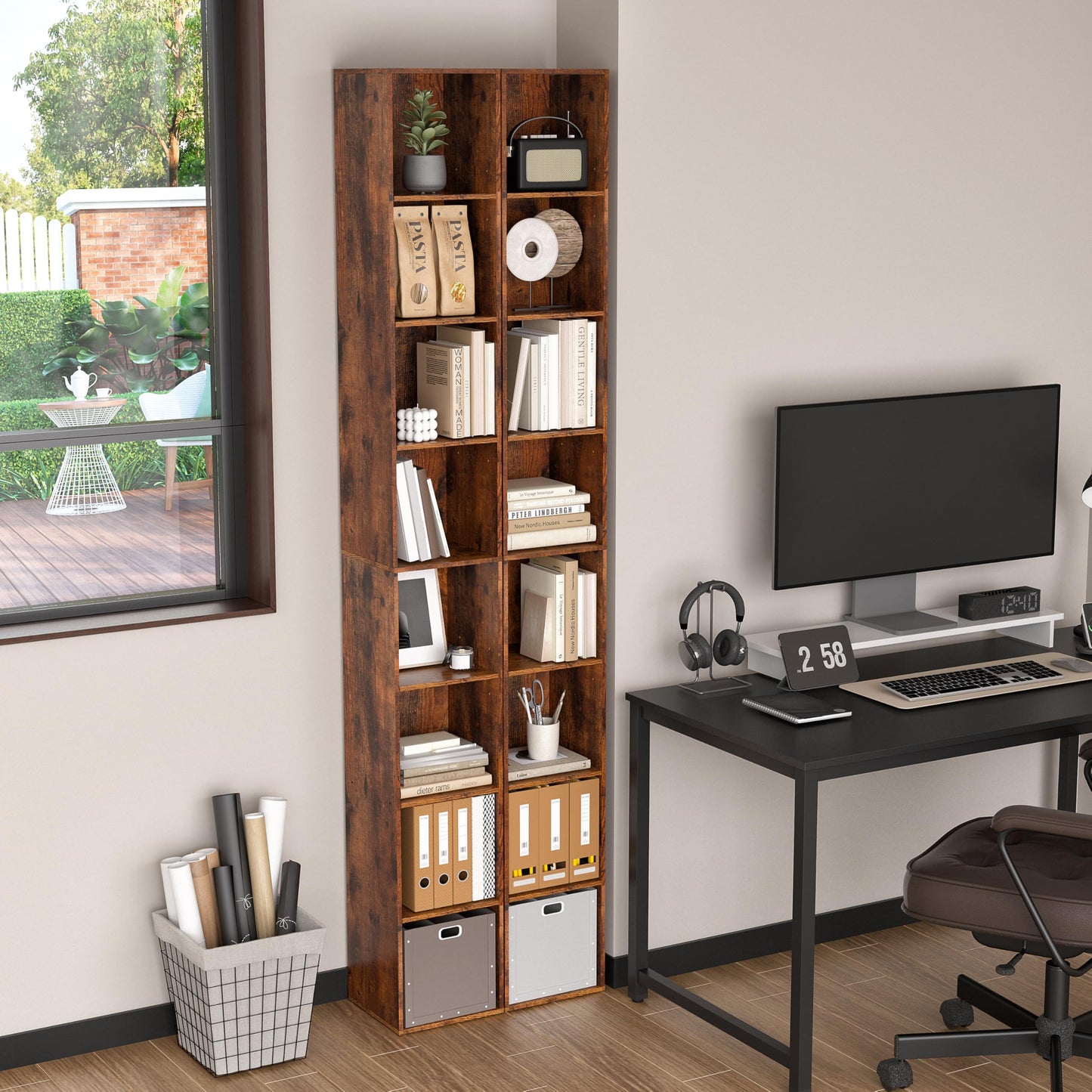 NewBeth 8-Cube Storage Organizer Bookcase, White, Tall Narrow Bookshelf for Home Office (Retro Brown)