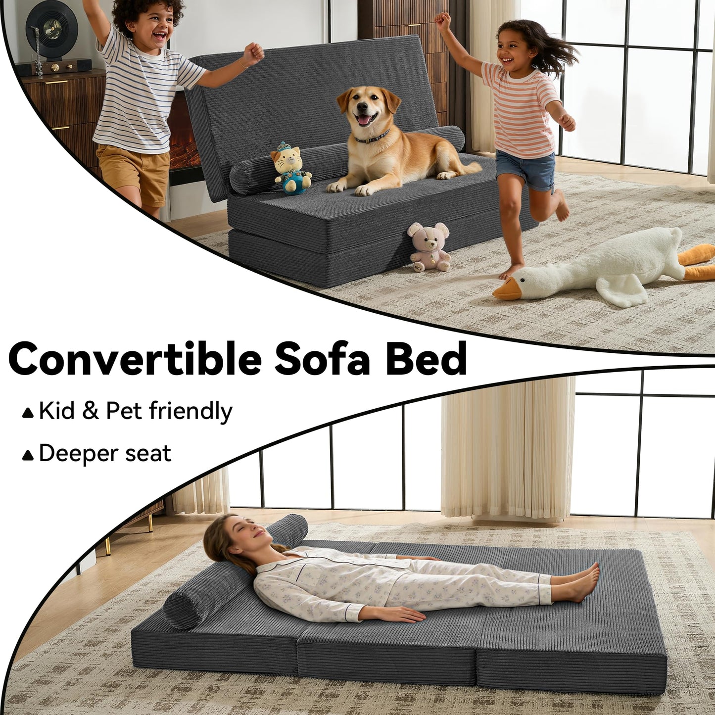 Grey 5-in-1 Convertible Sofa Bed, 60" Boneless Couch Tri Folding Mattress with Removable L-Shaped Armrests, Modern Corduroy Futon Couch Sleeper with Pull Out Bed for Living Room Bedroom Apartment